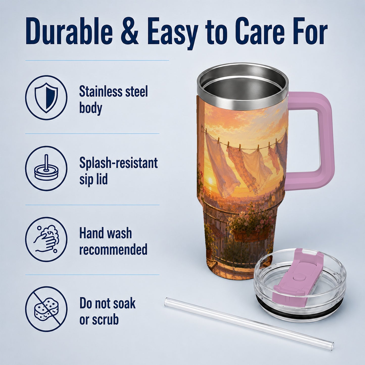 #pl[40oz|Pink] Sunset Laundry Balcony 40oz Tumbler with Handle, Cozy European Balcony Art