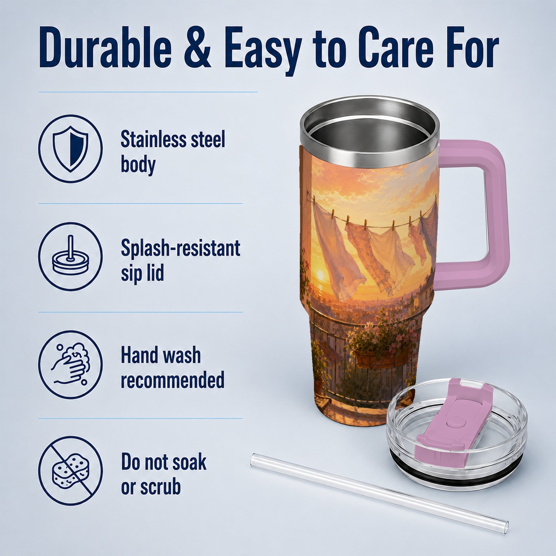 #pl[40oz|Pink] Sunset Laundry Balcony 40oz Tumbler with Handle, Cozy European Balcony Art