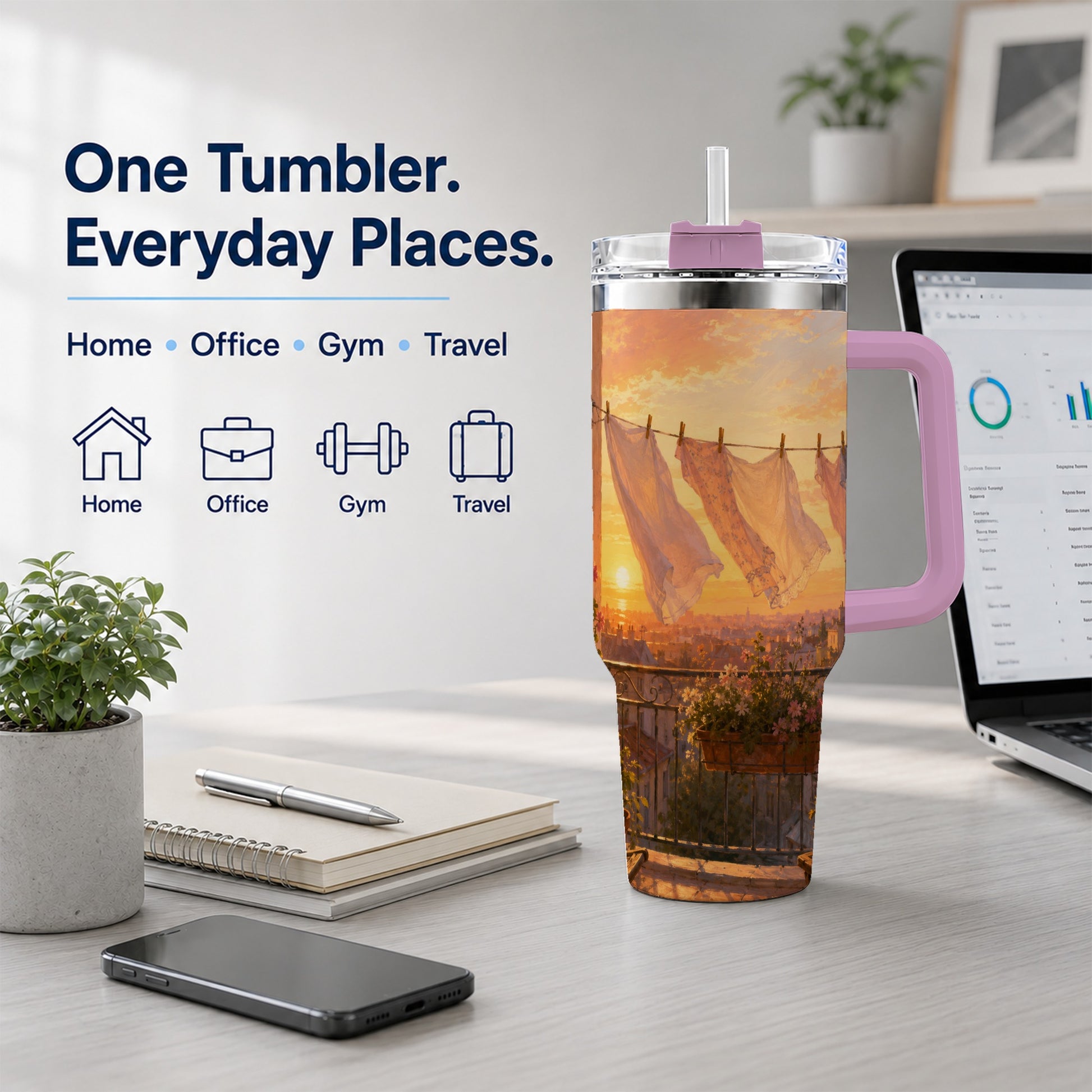 #pl[40oz|Pink] Sunset Laundry Balcony 40oz Tumbler with Handle, Cozy European Balcony Art