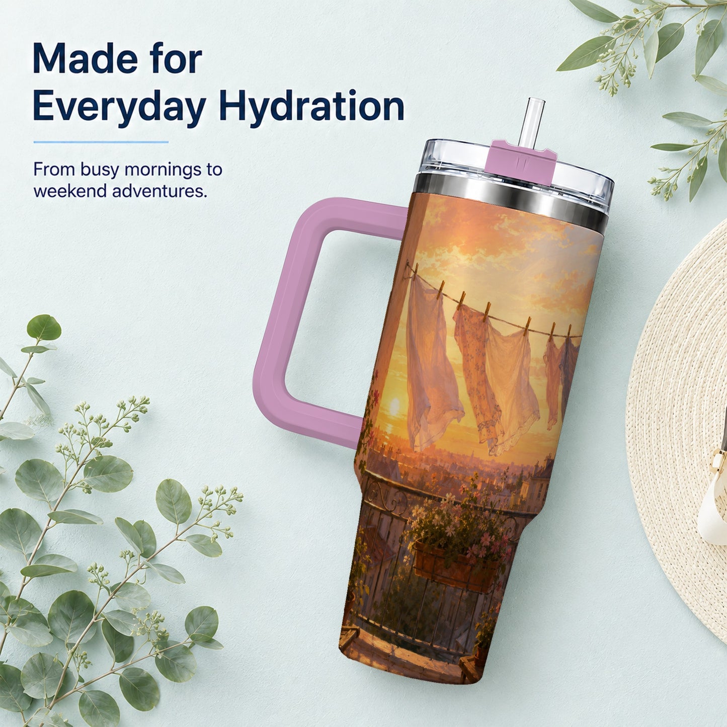 #pl[40oz|Pink] Sunset Laundry Balcony 40oz Tumbler with Handle, Cozy European Balcony Art