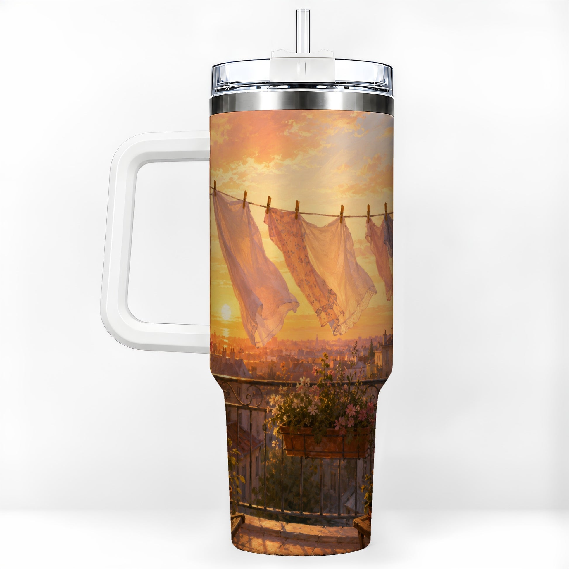 Sunset Laundry Balcony 40oz Tumbler with Handle, Cozy European Balcony Art
