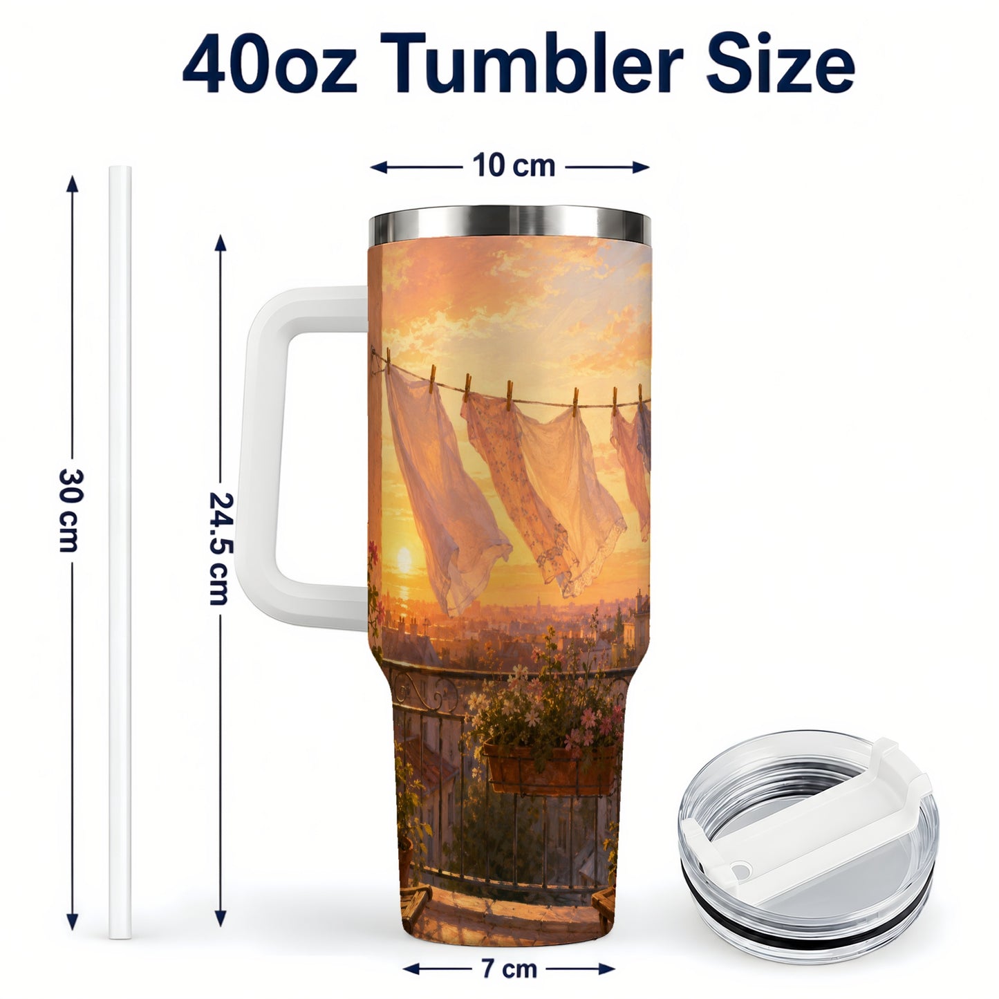 #pl[40oz|White] Sunset Laundry Balcony 40oz Tumbler with Handle, Cozy European Balcony Art