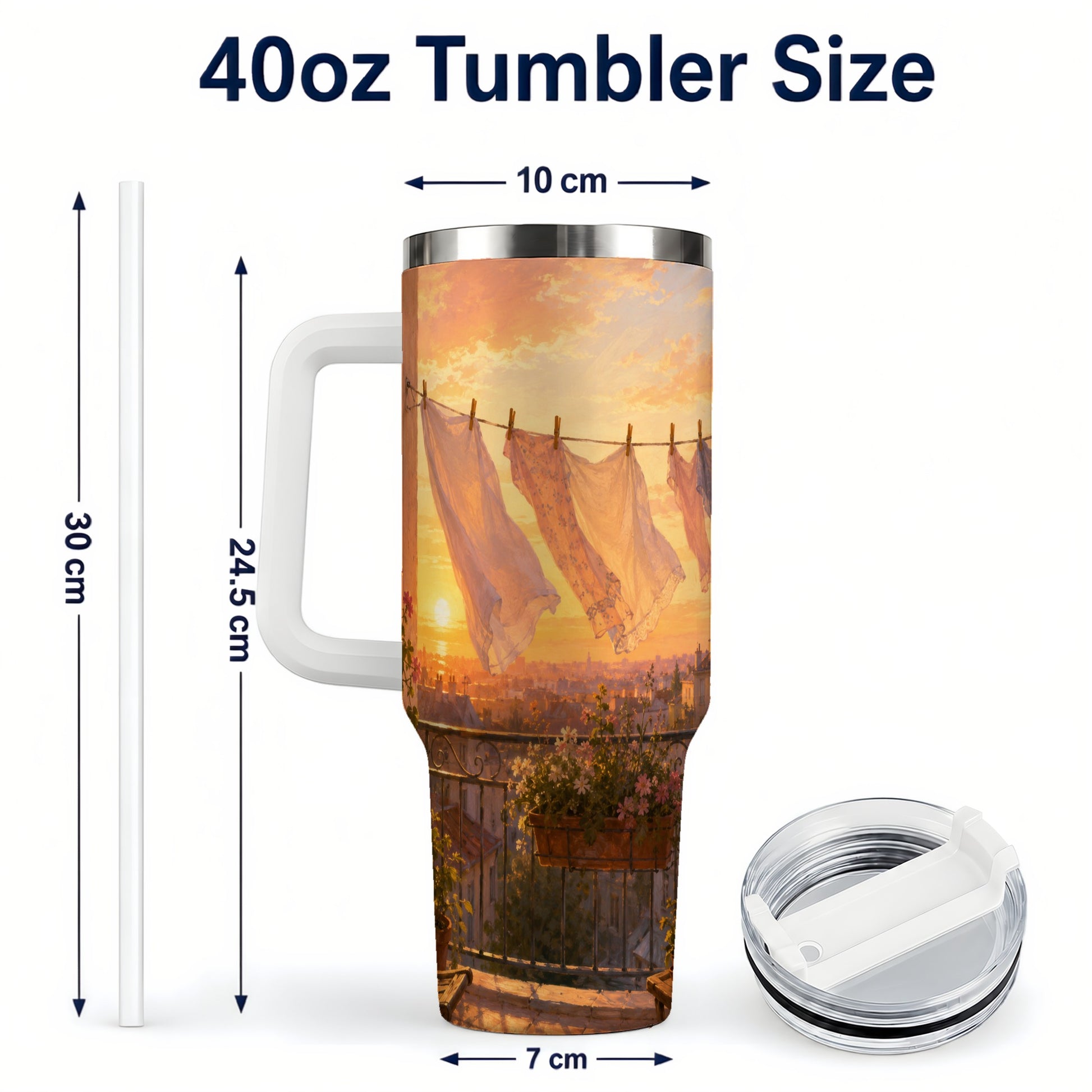 #pl[40oz|White] Sunset Laundry Balcony 40oz Tumbler with Handle, Cozy European Balcony Art