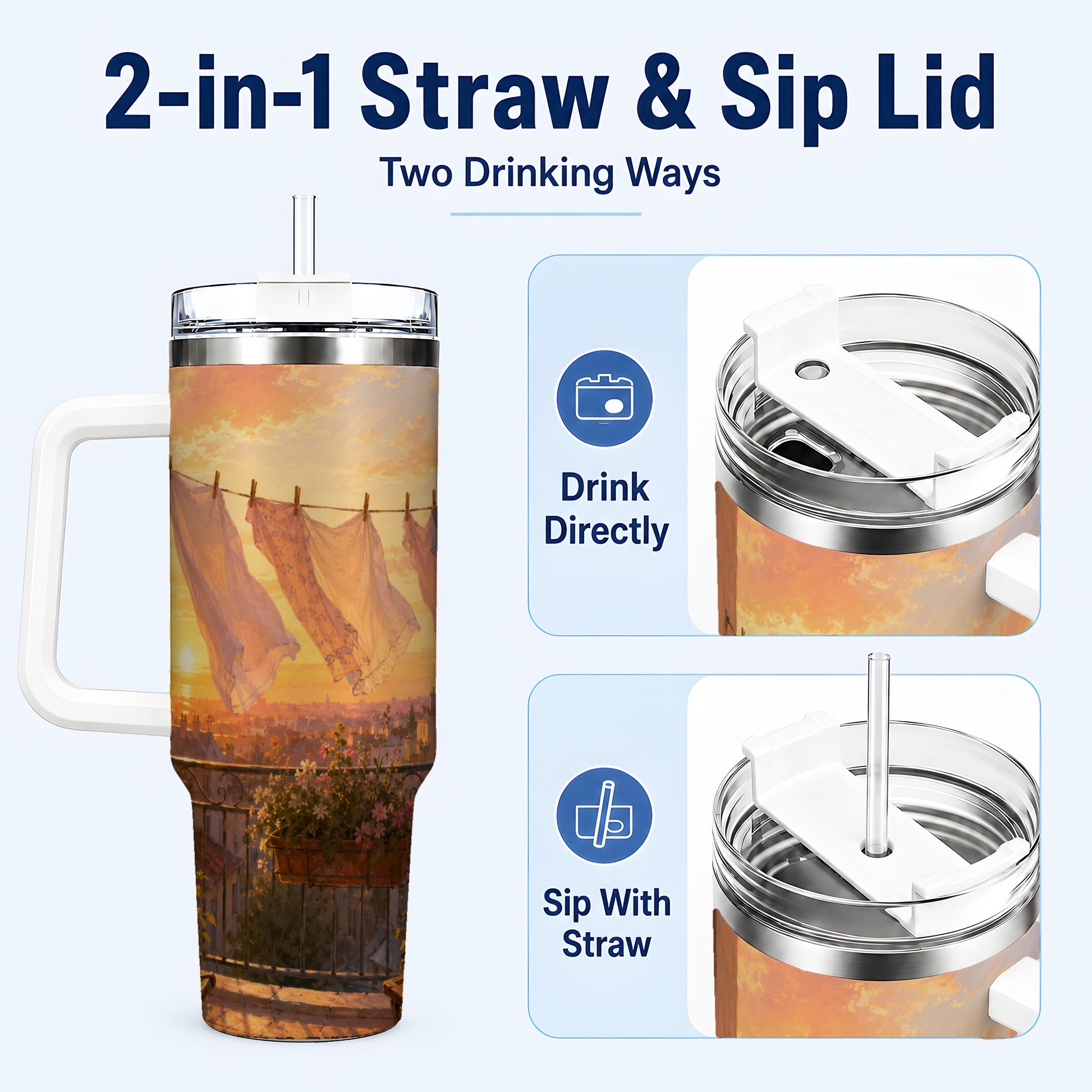 #pl[40oz|White] Sunset Laundry Balcony 40oz Tumbler with Handle, Cozy European Balcony Art