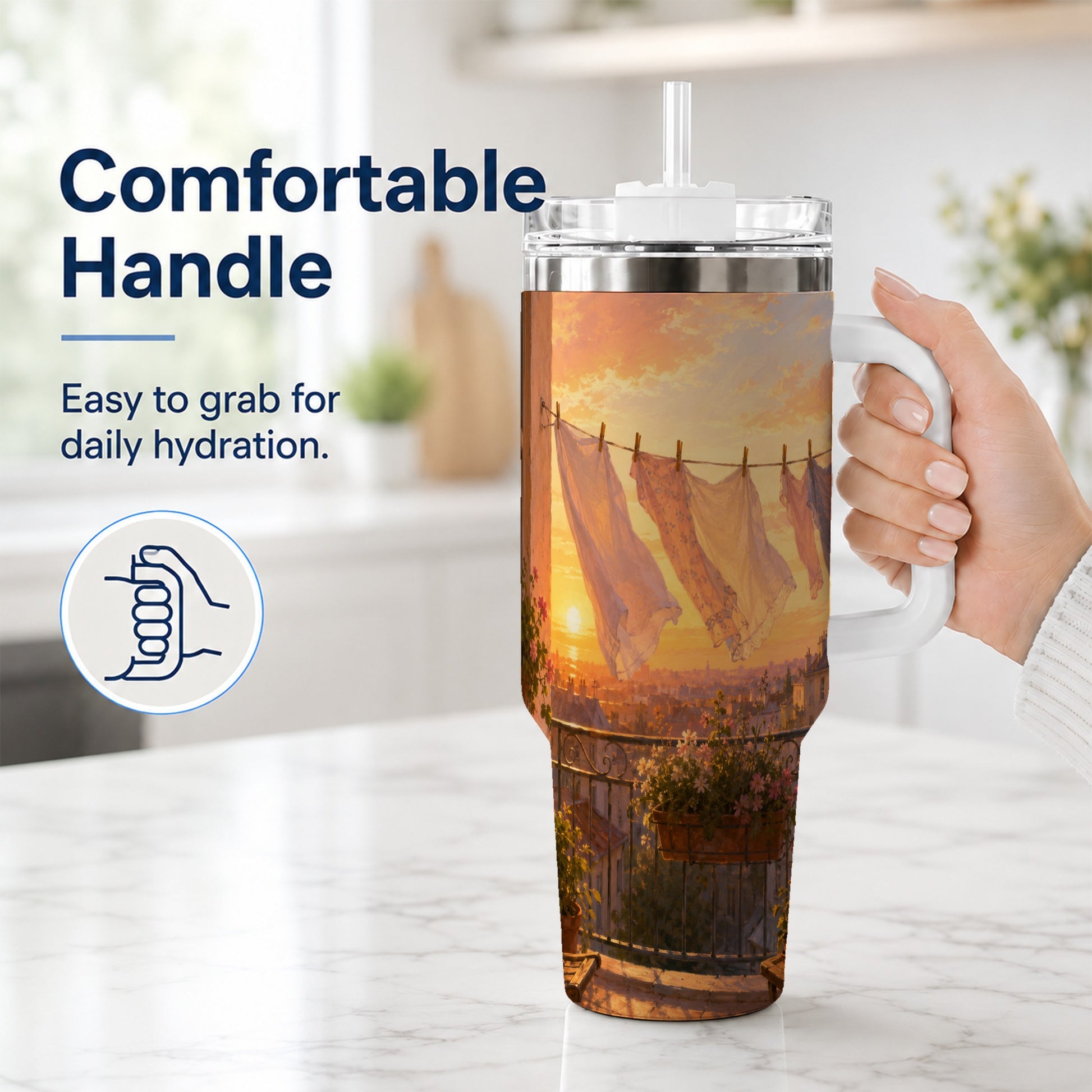 #pl[40oz|White] Sunset Laundry Balcony 40oz Tumbler with Handle, Cozy European Balcony Art