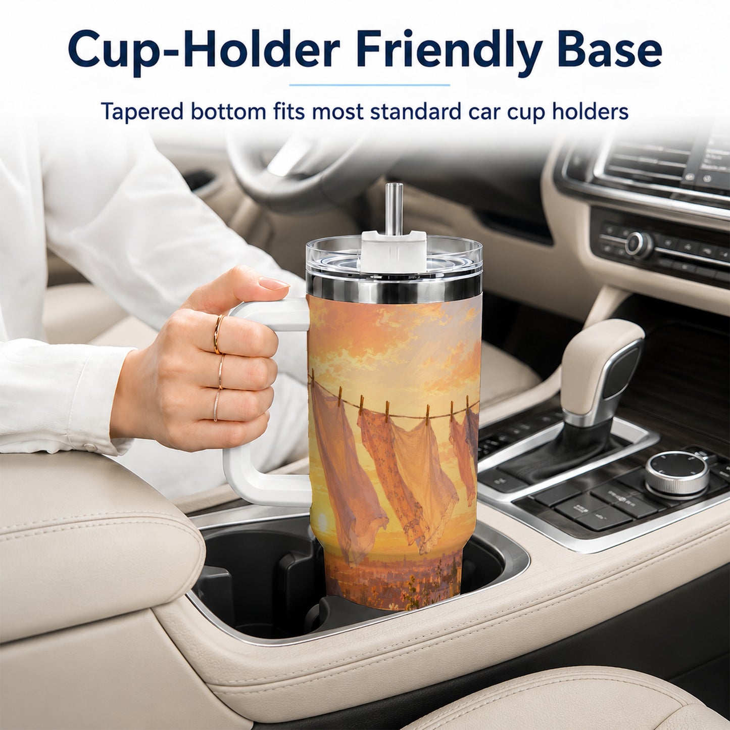 #pl[40oz|White] Sunset Laundry Balcony 40oz Tumbler with Handle, Cozy European Balcony Art