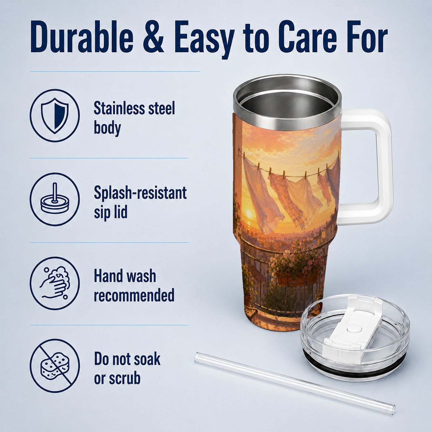 #pl[40oz|White] Sunset Laundry Balcony 40oz Tumbler with Handle, Cozy European Balcony Art