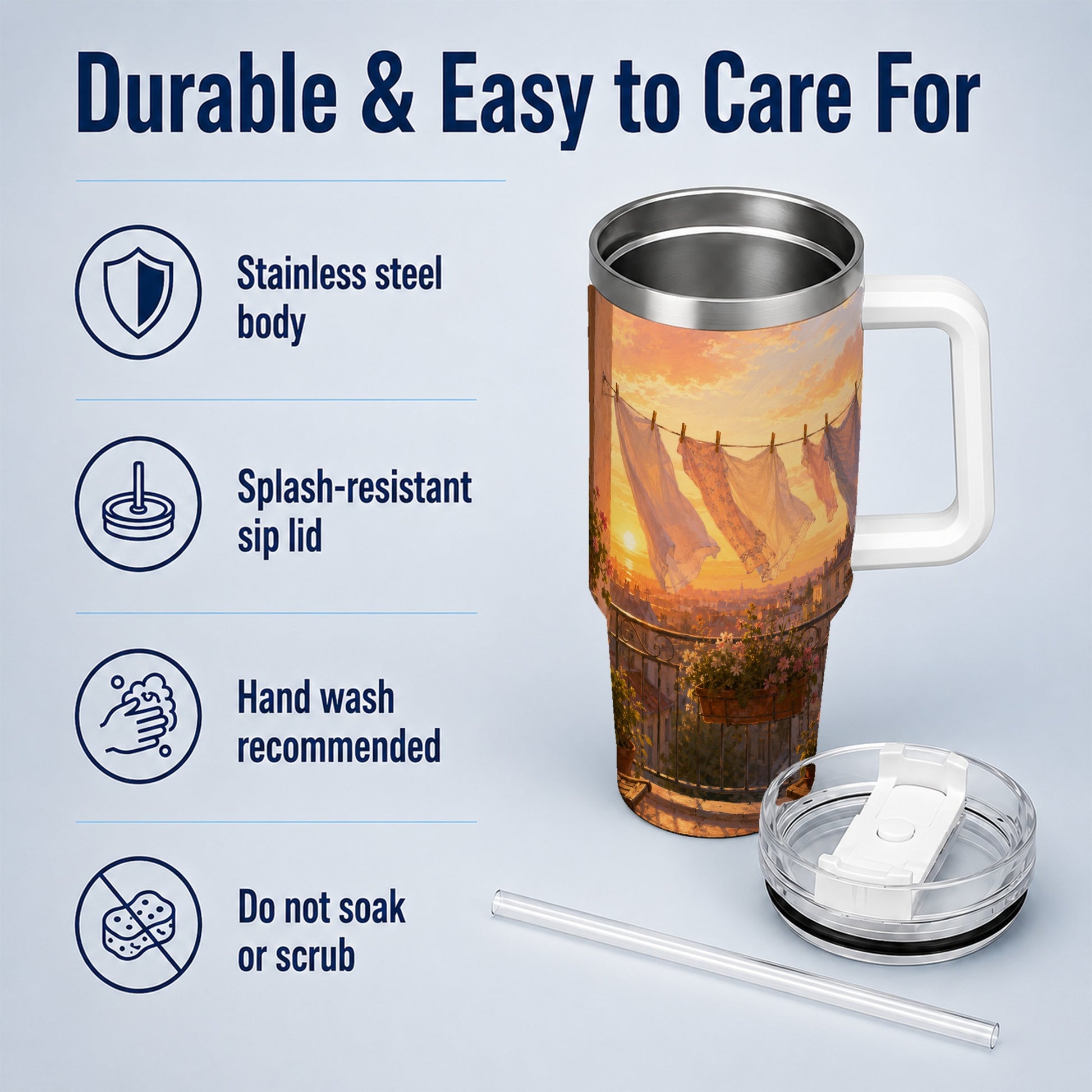 #pl[40oz|White] Sunset Laundry Balcony 40oz Tumbler with Handle, Cozy European Balcony Art