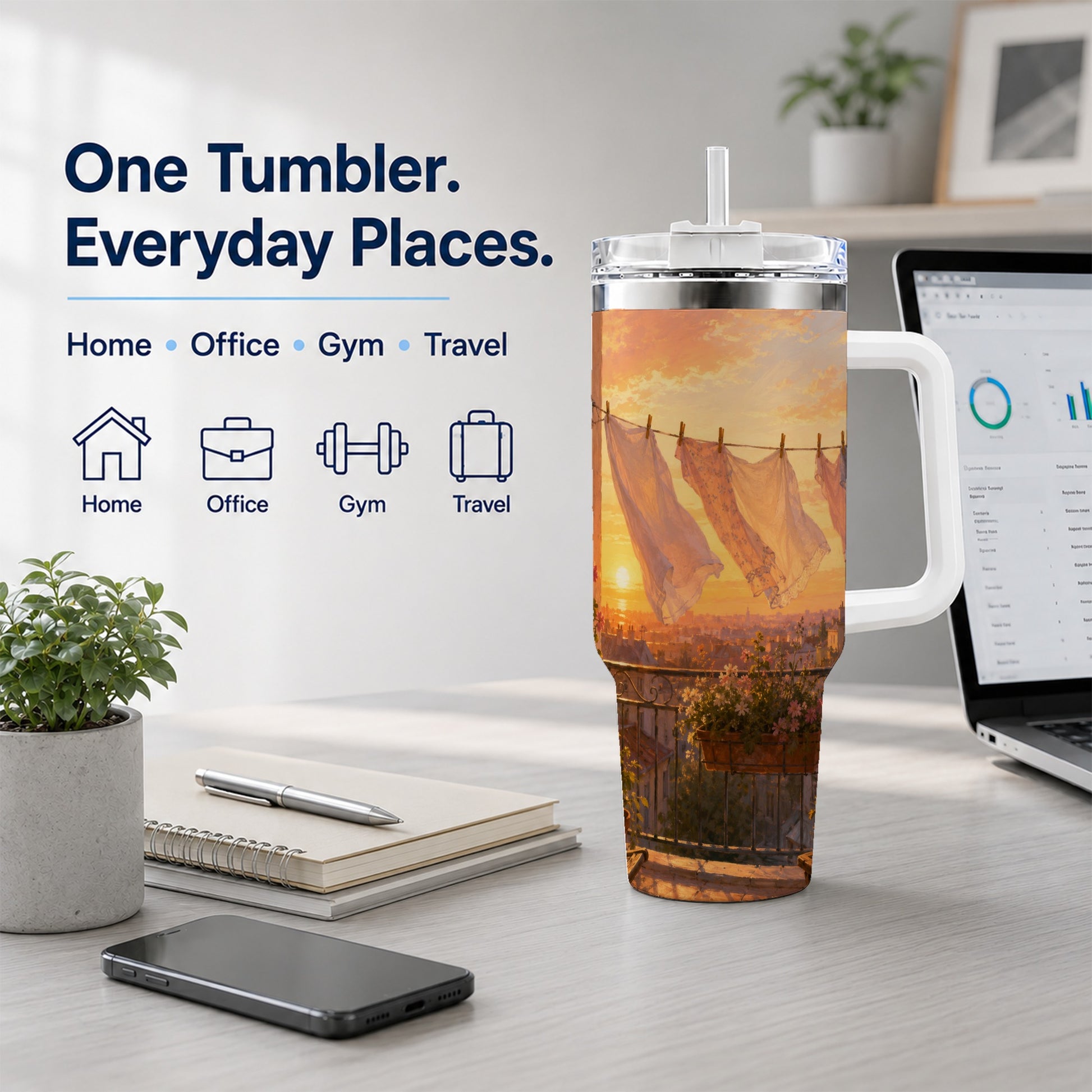 #pl[40oz|White] Sunset Laundry Balcony 40oz Tumbler with Handle, Cozy European Balcony Art