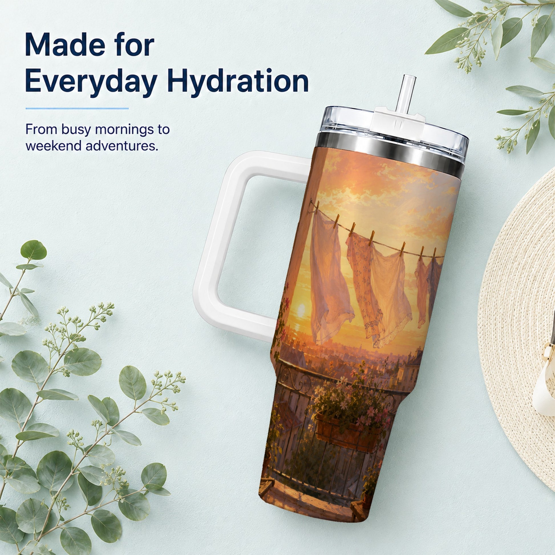 #pl[40oz|White] Sunset Laundry Balcony 40oz Tumbler with Handle, Cozy European Balcony Art