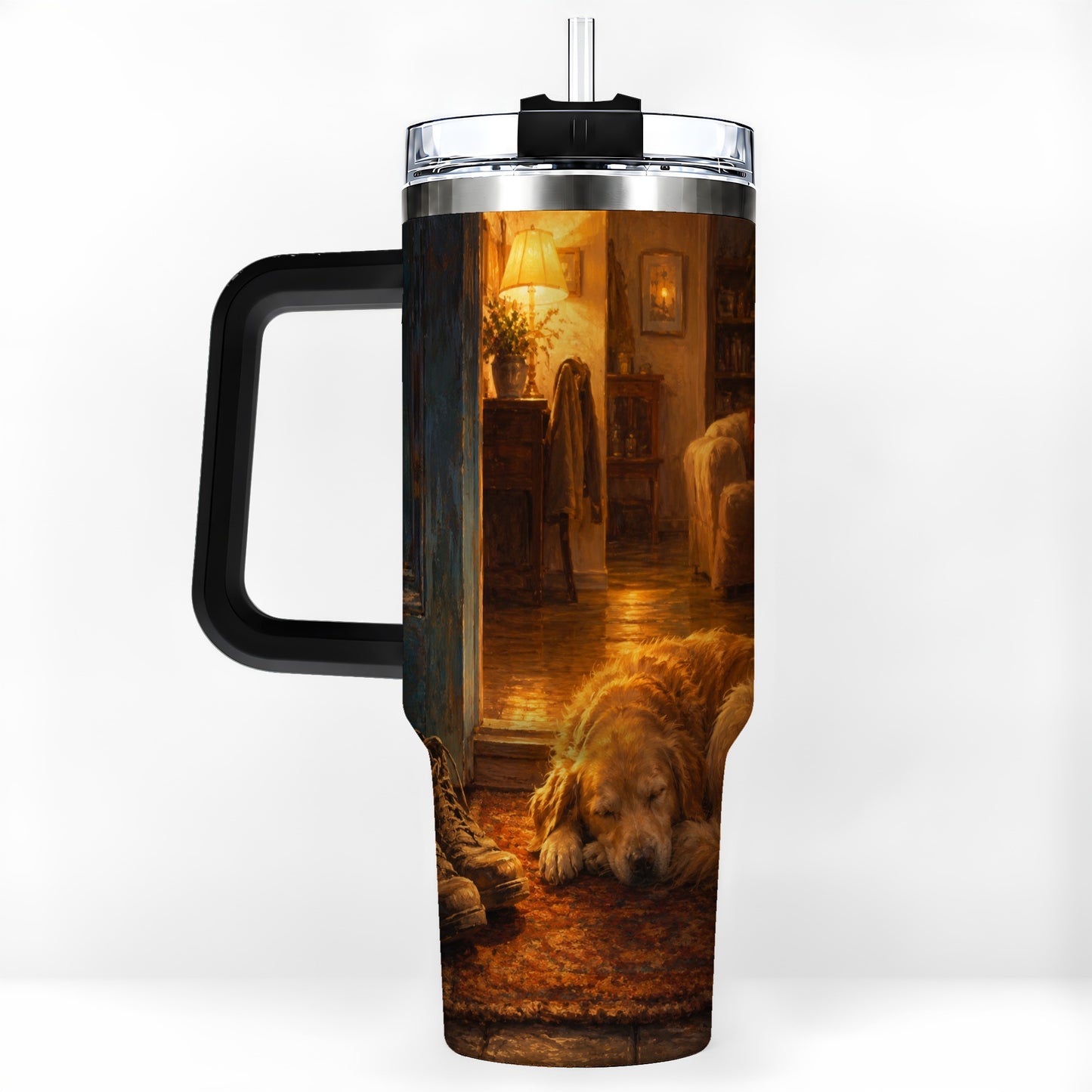 #pl[40oz|Black] Sleeping Dog Homecoming 40oz Tumbler with Handle, Cozy Entryway Art