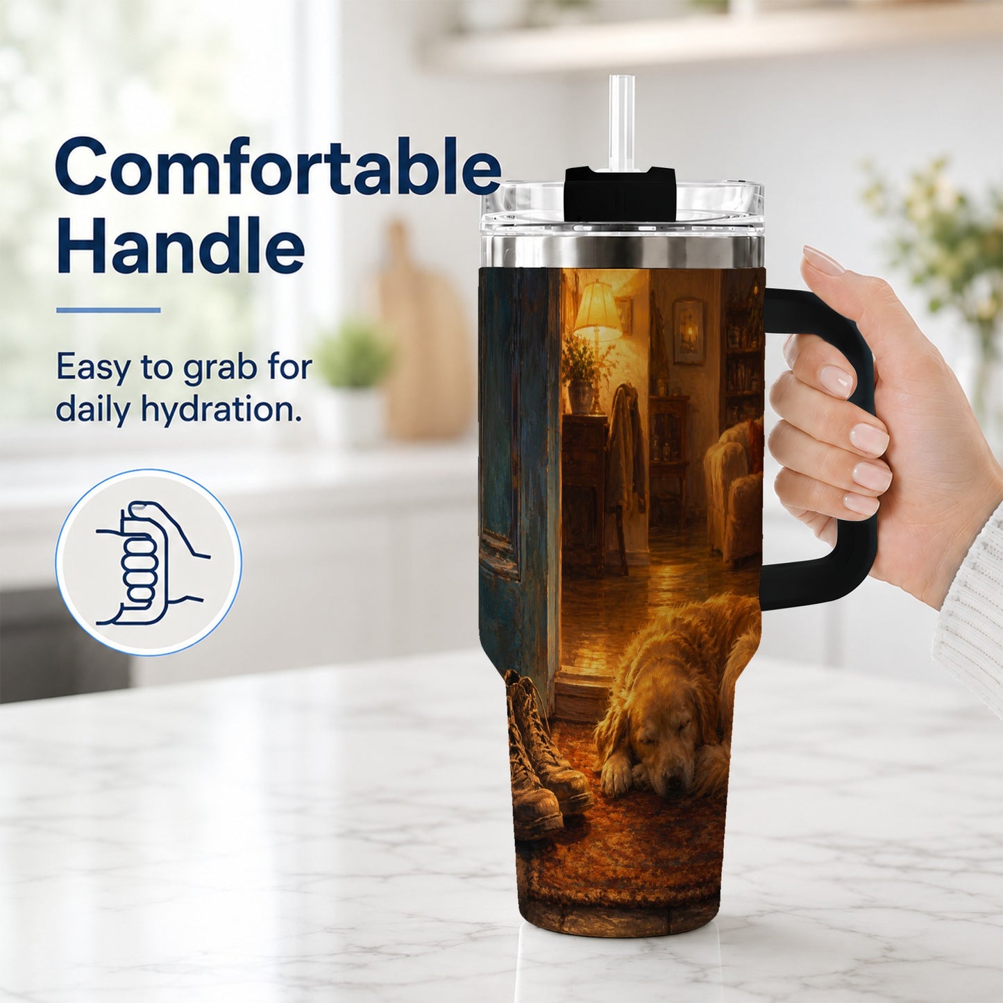#pl[40oz|Black] Sleeping Dog Homecoming 40oz Tumbler with Handle, Cozy Entryway Art