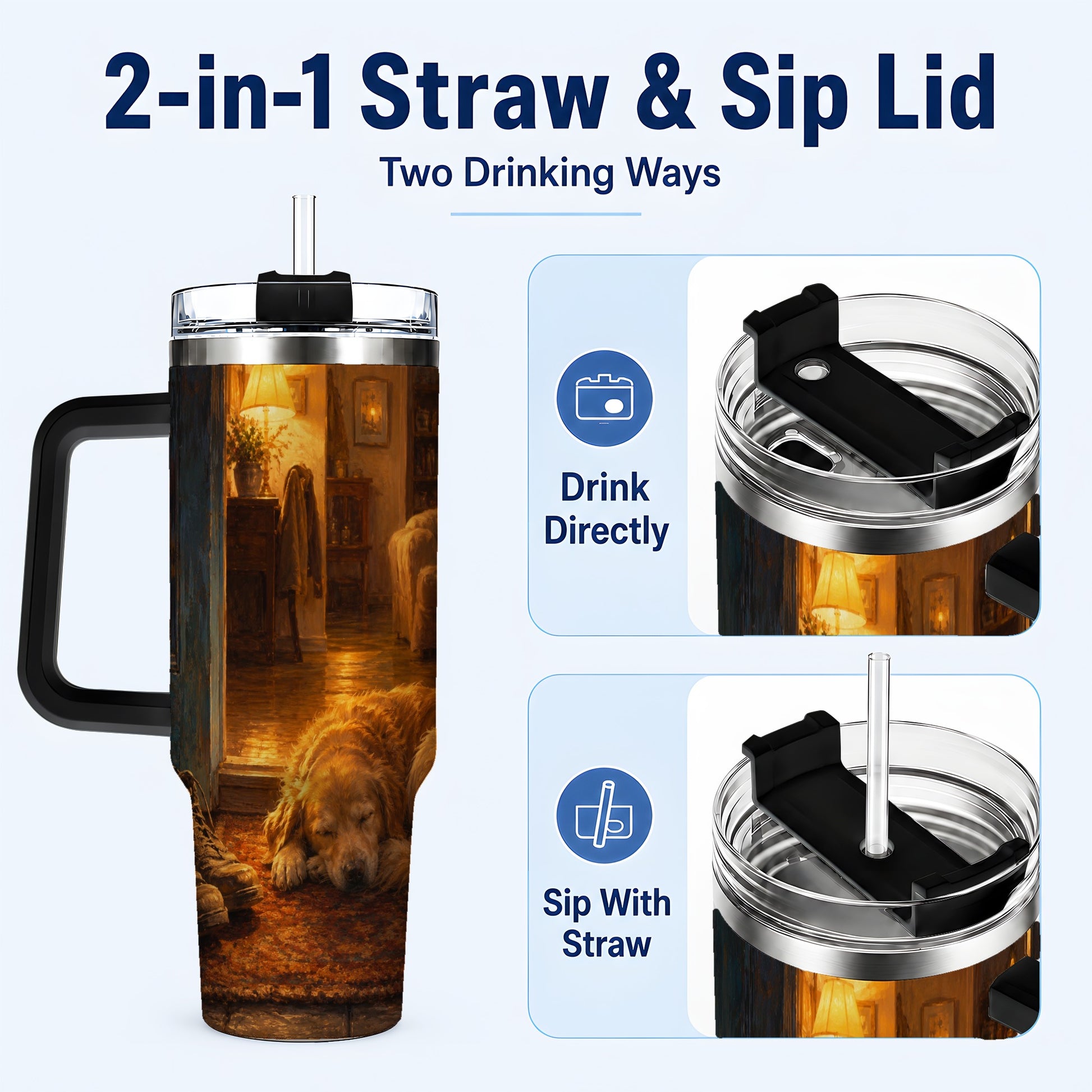 #pl[40oz|Black] Sleeping Dog Homecoming 40oz Tumbler with Handle, Cozy Entryway Art