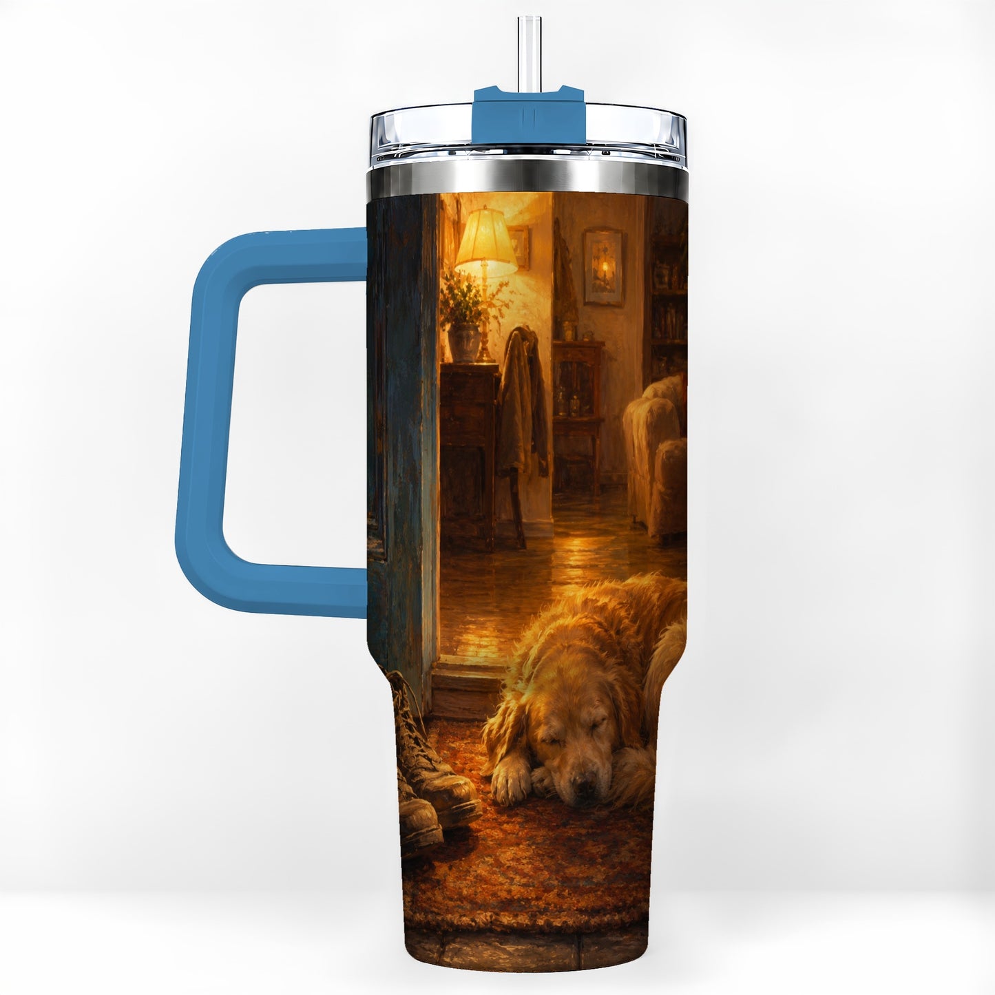 #pl[40oz|Blue] Sleeping Dog Homecoming 40oz Tumbler with Handle, Cozy Entryway Art