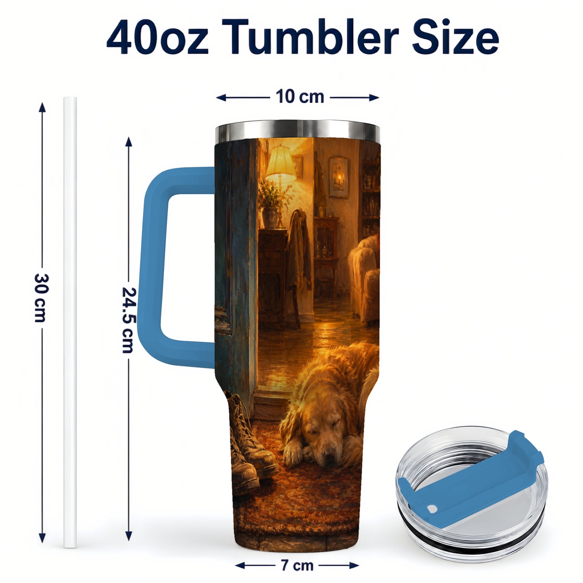 #pl[40oz|Blue] Sleeping Dog Homecoming 40oz Tumbler with Handle, Cozy Entryway Art