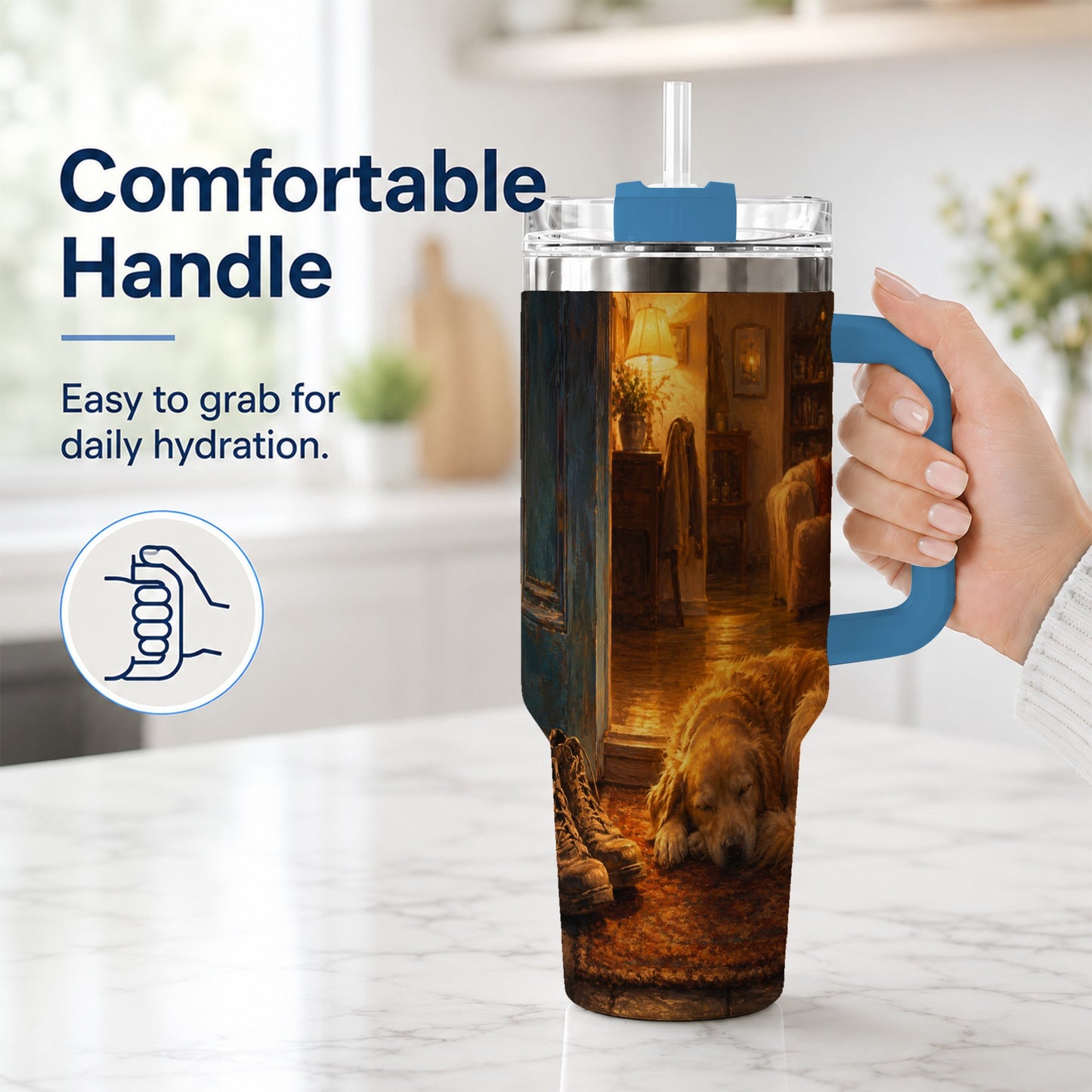 #pl[40oz|Blue] Sleeping Dog Homecoming 40oz Tumbler with Handle, Cozy Entryway Art