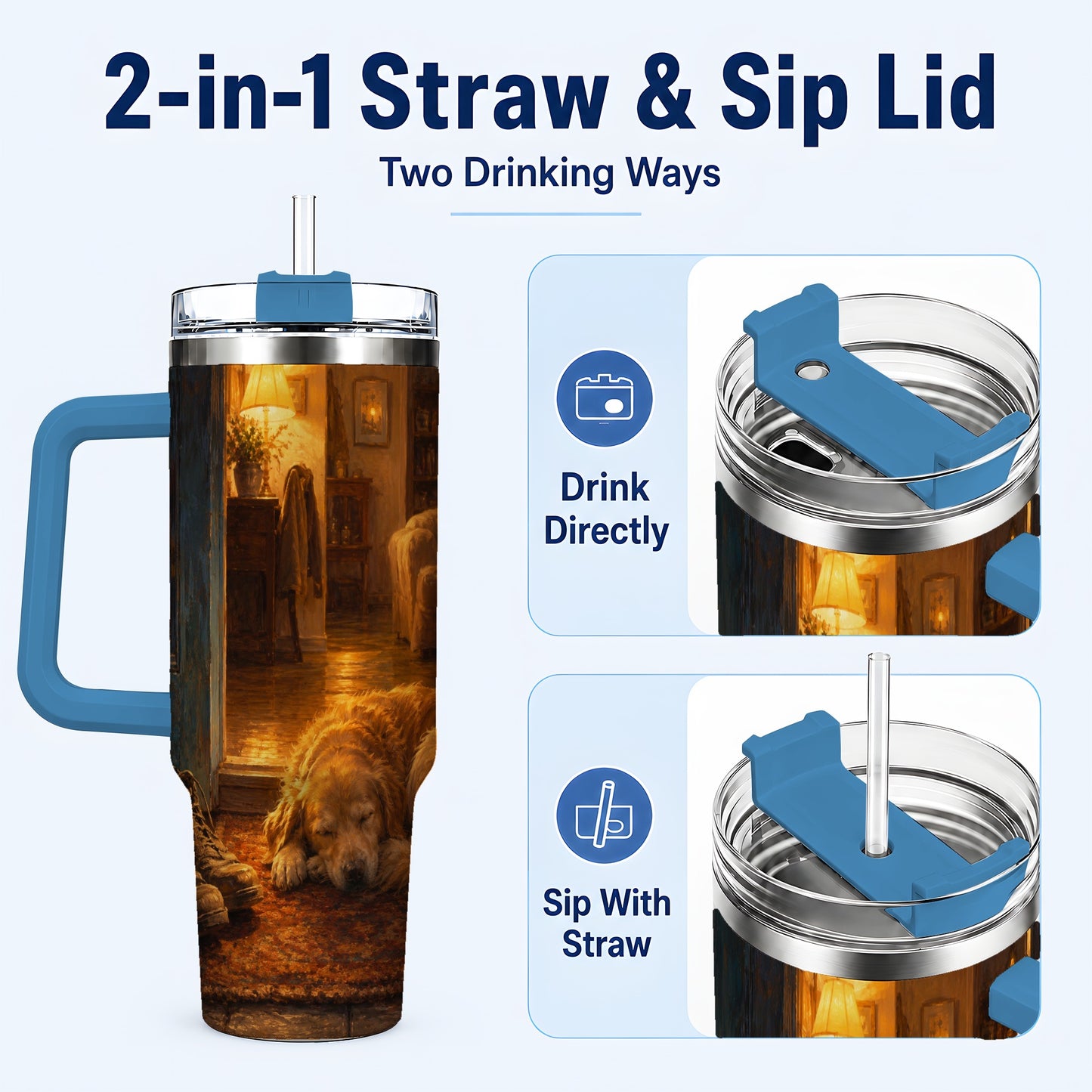 #pl[40oz|Blue] Sleeping Dog Homecoming 40oz Tumbler with Handle, Cozy Entryway Art