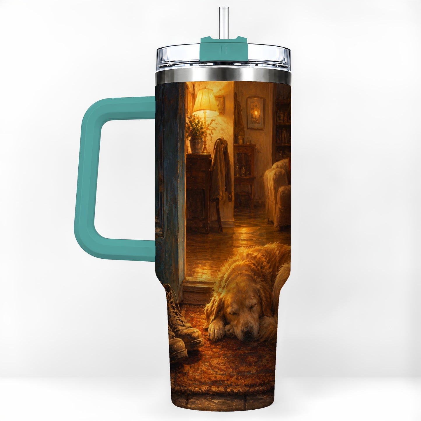 #pl[40oz|Green] Sleeping Dog Homecoming 40oz Tumbler with Handle, Cozy Entryway Art
