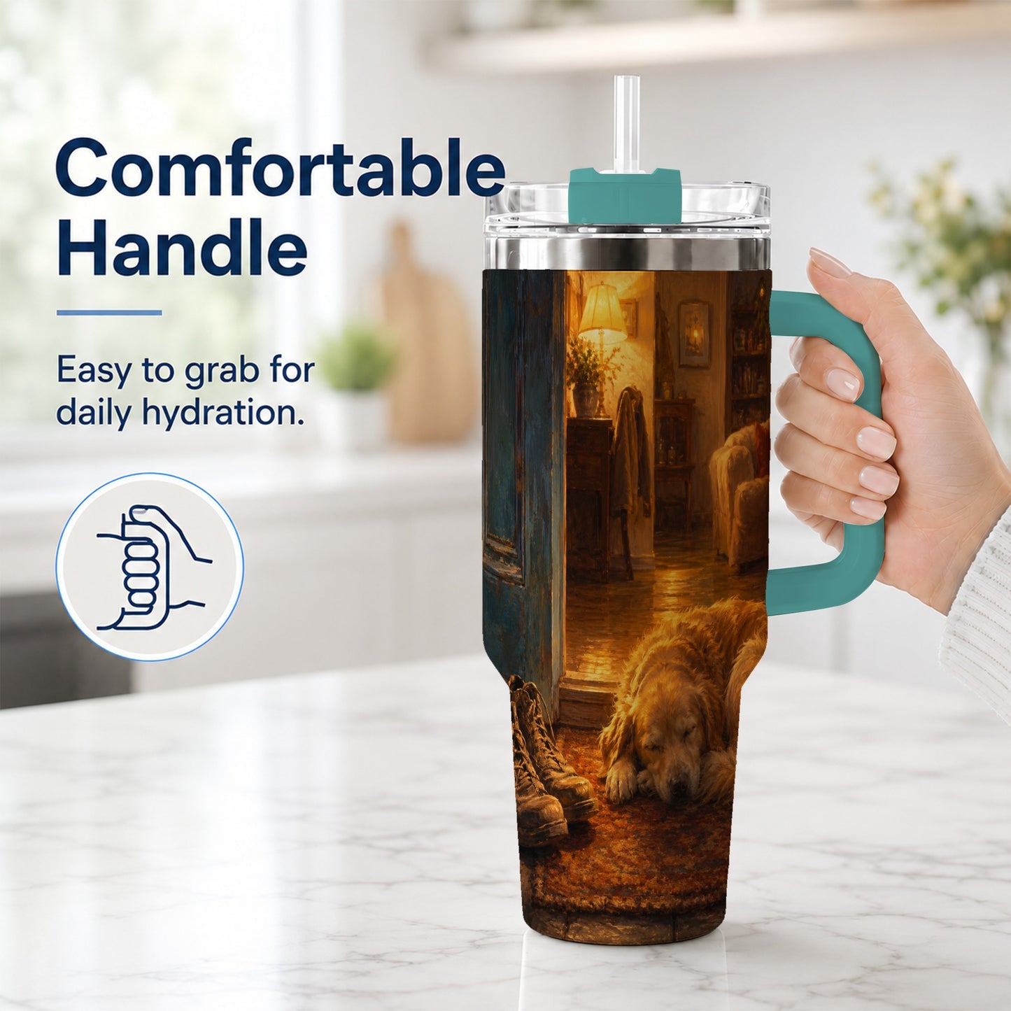 #pl[40oz|Green] Sleeping Dog Homecoming 40oz Tumbler with Handle, Cozy Entryway Art