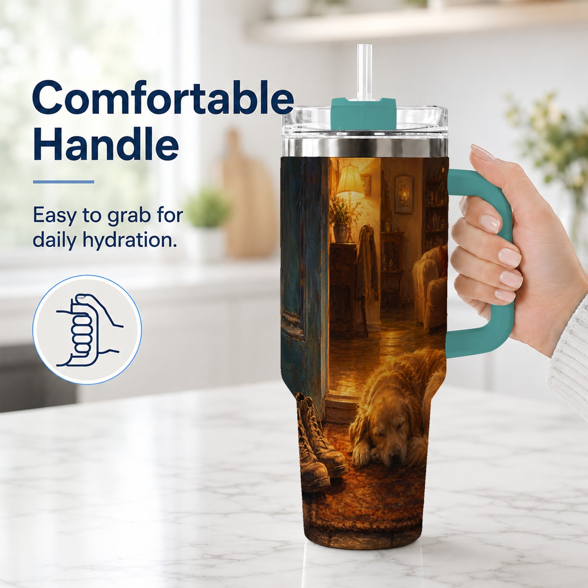 #pl[40oz|Green] Sleeping Dog Homecoming 40oz Tumbler with Handle, Cozy Entryway Art