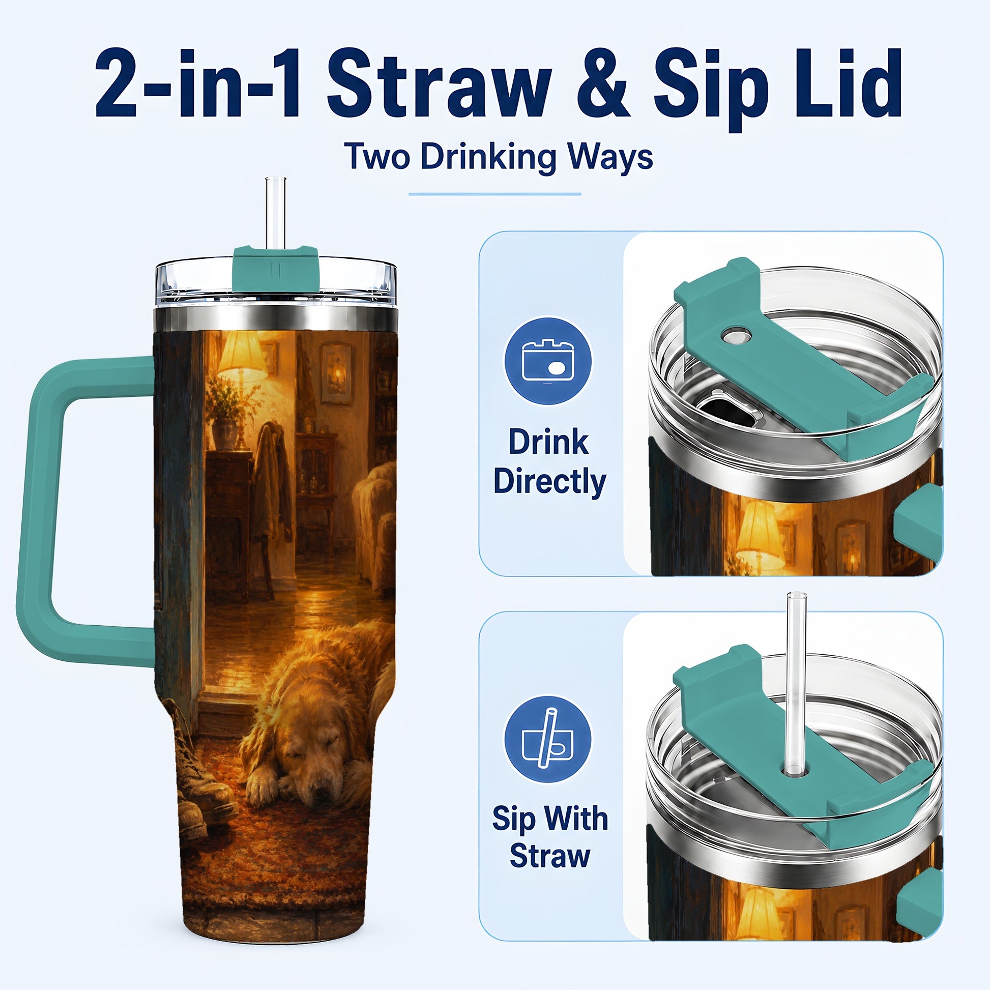 #pl[40oz|Green] Sleeping Dog Homecoming 40oz Tumbler with Handle, Cozy Entryway Art
