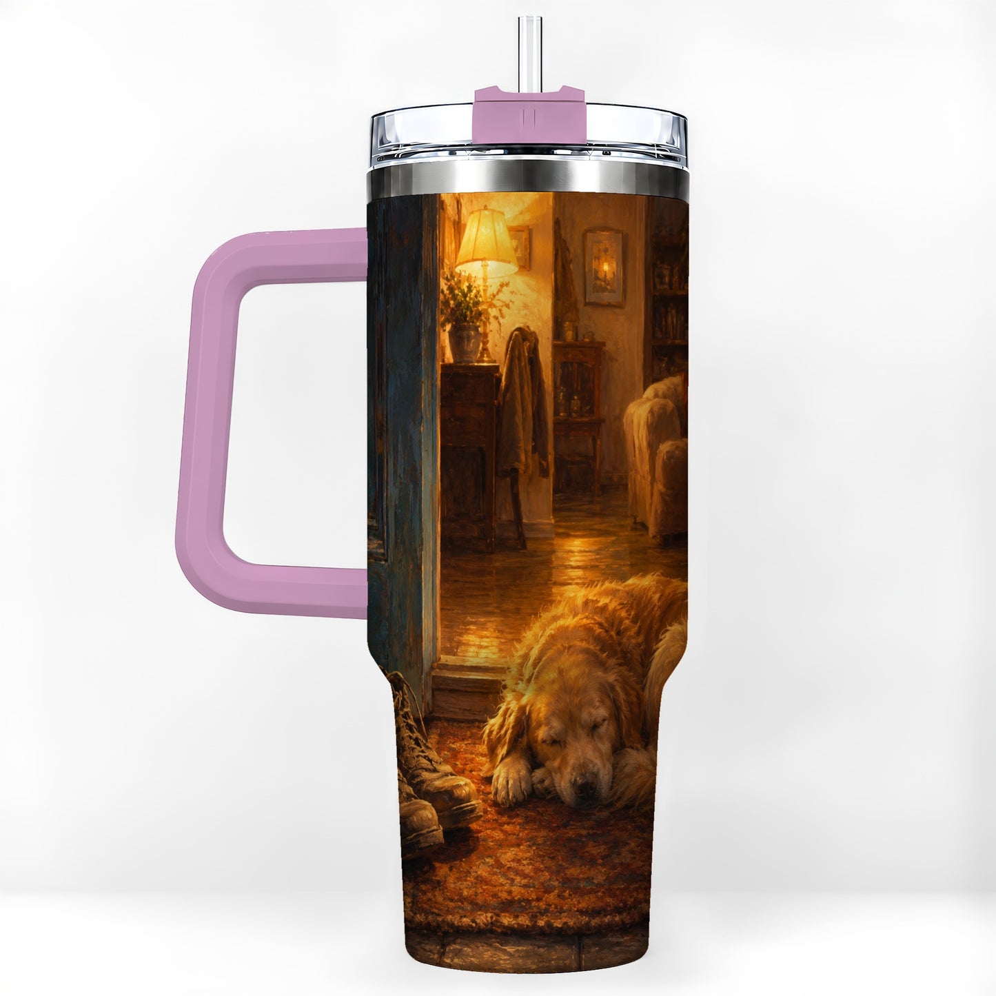 #pl[40oz|Pink] Sleeping Dog Homecoming 40oz Tumbler with Handle, Cozy Entryway Art