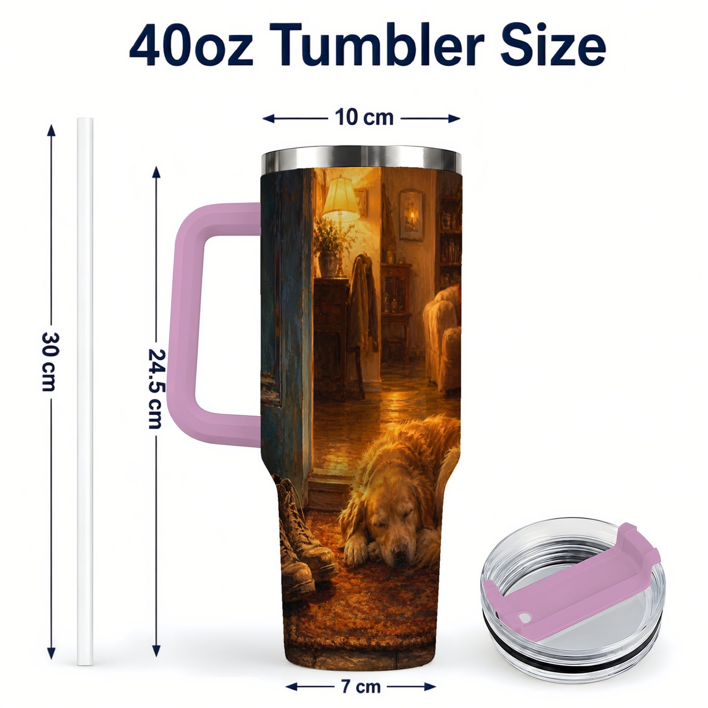 #pl[40oz|Pink] Sleeping Dog Homecoming 40oz Tumbler with Handle, Cozy Entryway Art