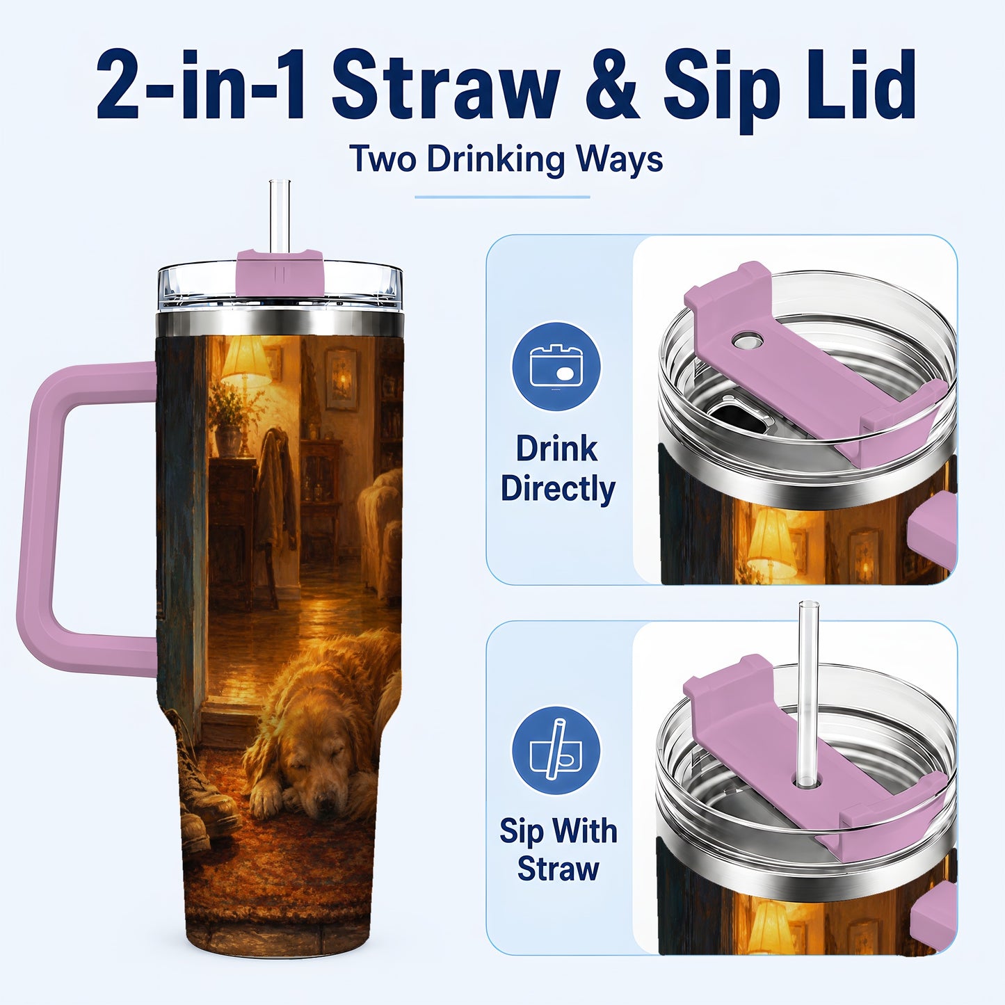 #pl[40oz|Pink] Sleeping Dog Homecoming 40oz Tumbler with Handle, Cozy Entryway Art