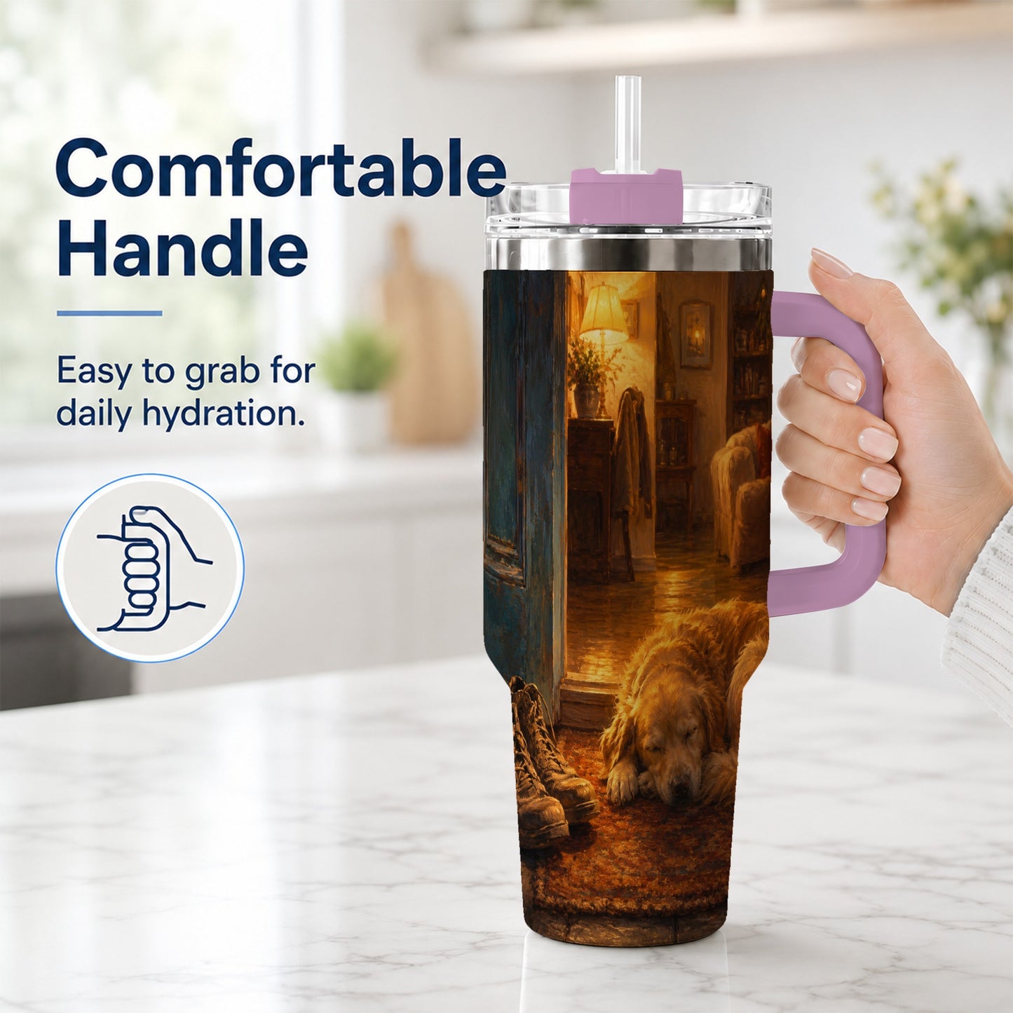 #pl[40oz|Pink] Sleeping Dog Homecoming 40oz Tumbler with Handle, Cozy Entryway Art