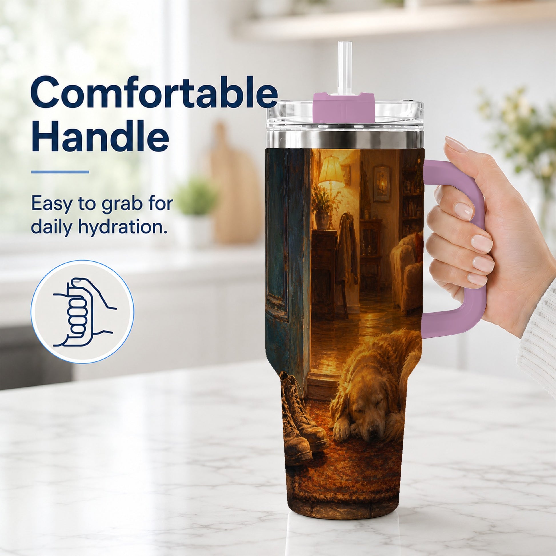 #pl[40oz|Pink] Sleeping Dog Homecoming 40oz Tumbler with Handle, Cozy Entryway Art