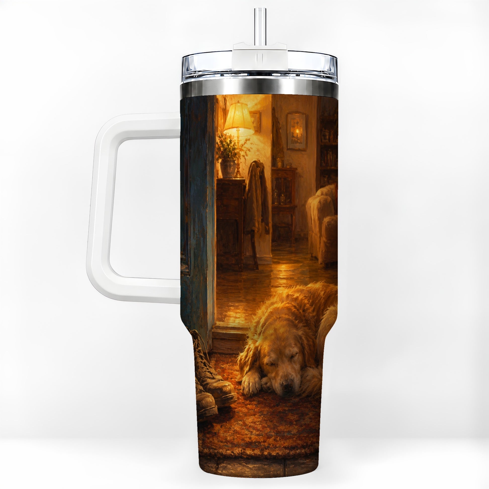 Sleeping Dog Homecoming 40oz Tumbler with Handle, Cozy Entryway Art