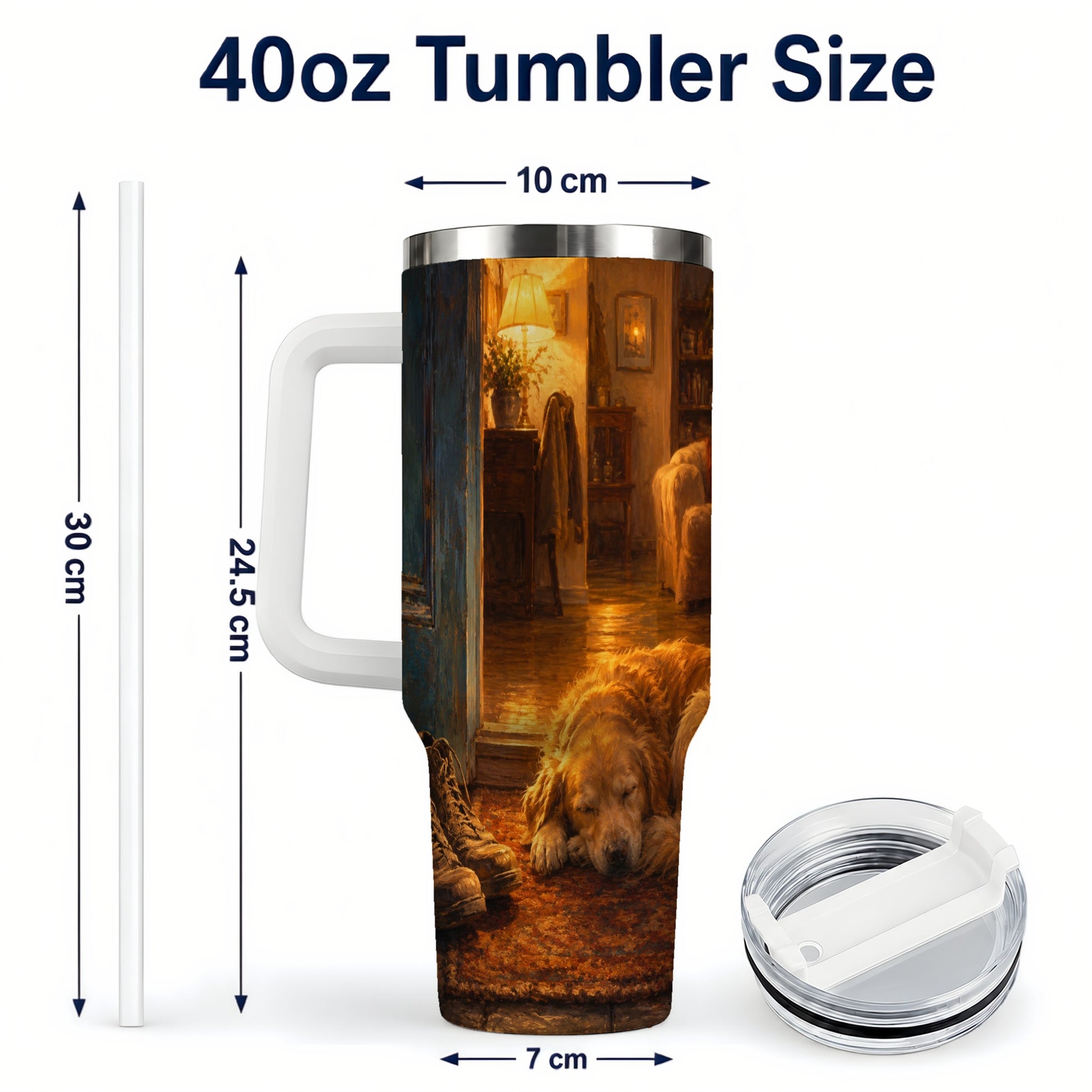 #pl[40oz|White] Sleeping Dog Homecoming 40oz Tumbler with Handle, Cozy Entryway Art