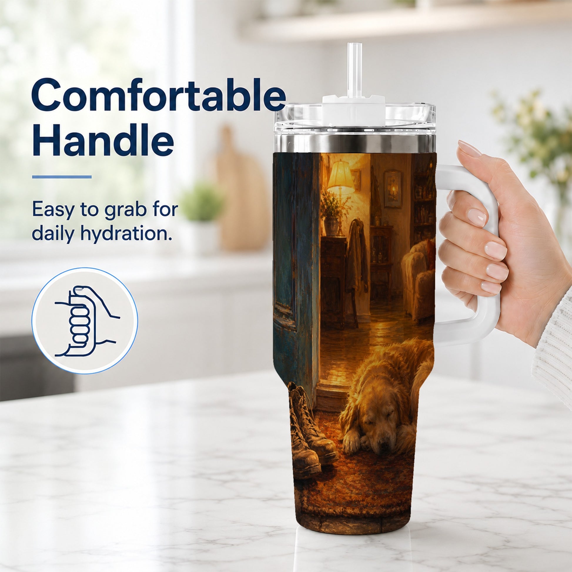 #pl[40oz|White] Sleeping Dog Homecoming 40oz Tumbler with Handle, Cozy Entryway Art
