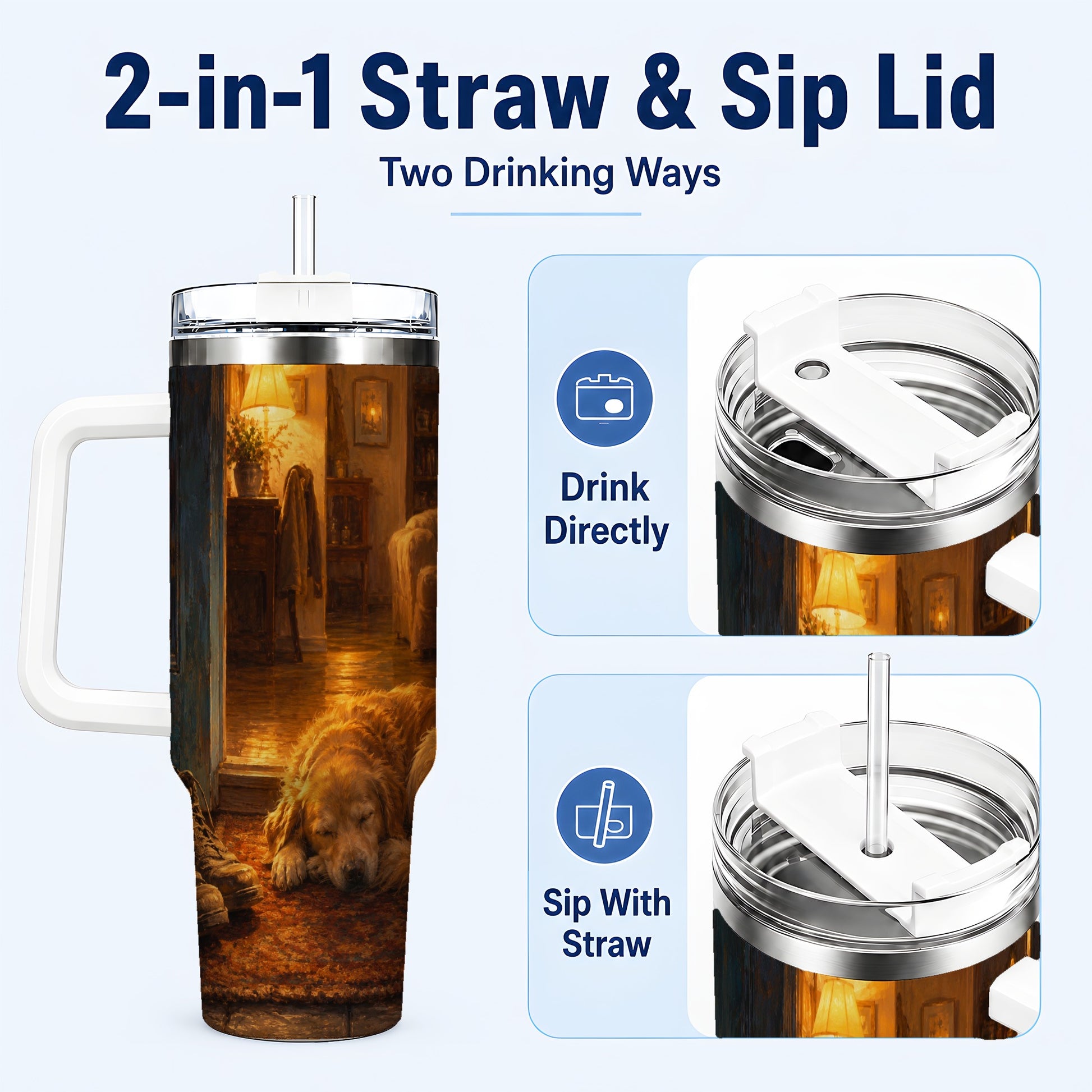 #pl[40oz|White] Sleeping Dog Homecoming 40oz Tumbler with Handle, Cozy Entryway Art