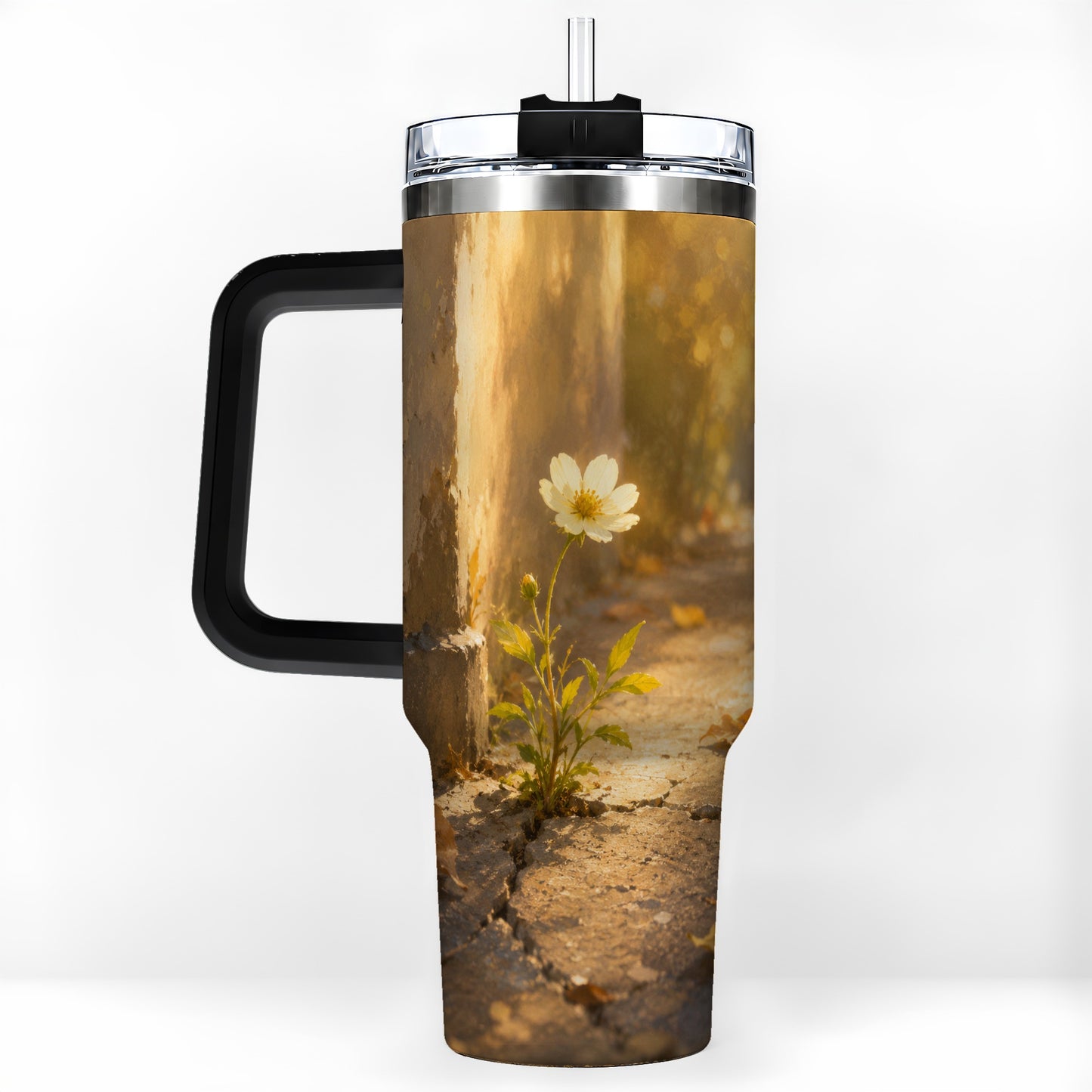 #pl[40oz|Black] Resilient White Flower 40oz Tumbler with Handle, Hopeful Nature Art