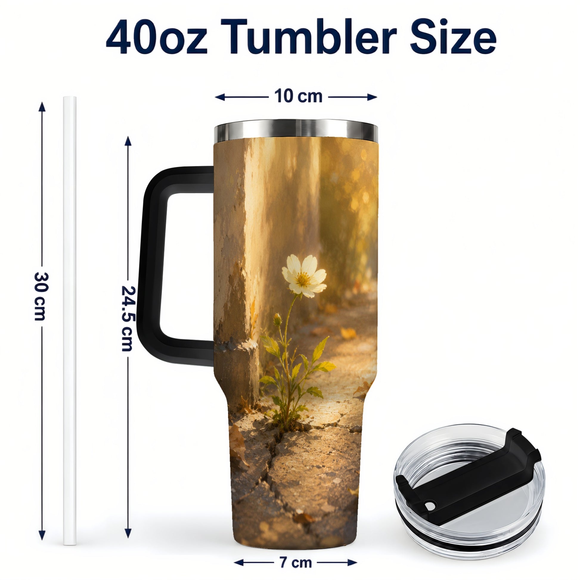 #pl[40oz|Black] Resilient White Flower 40oz Tumbler with Handle, Hopeful Nature Art
