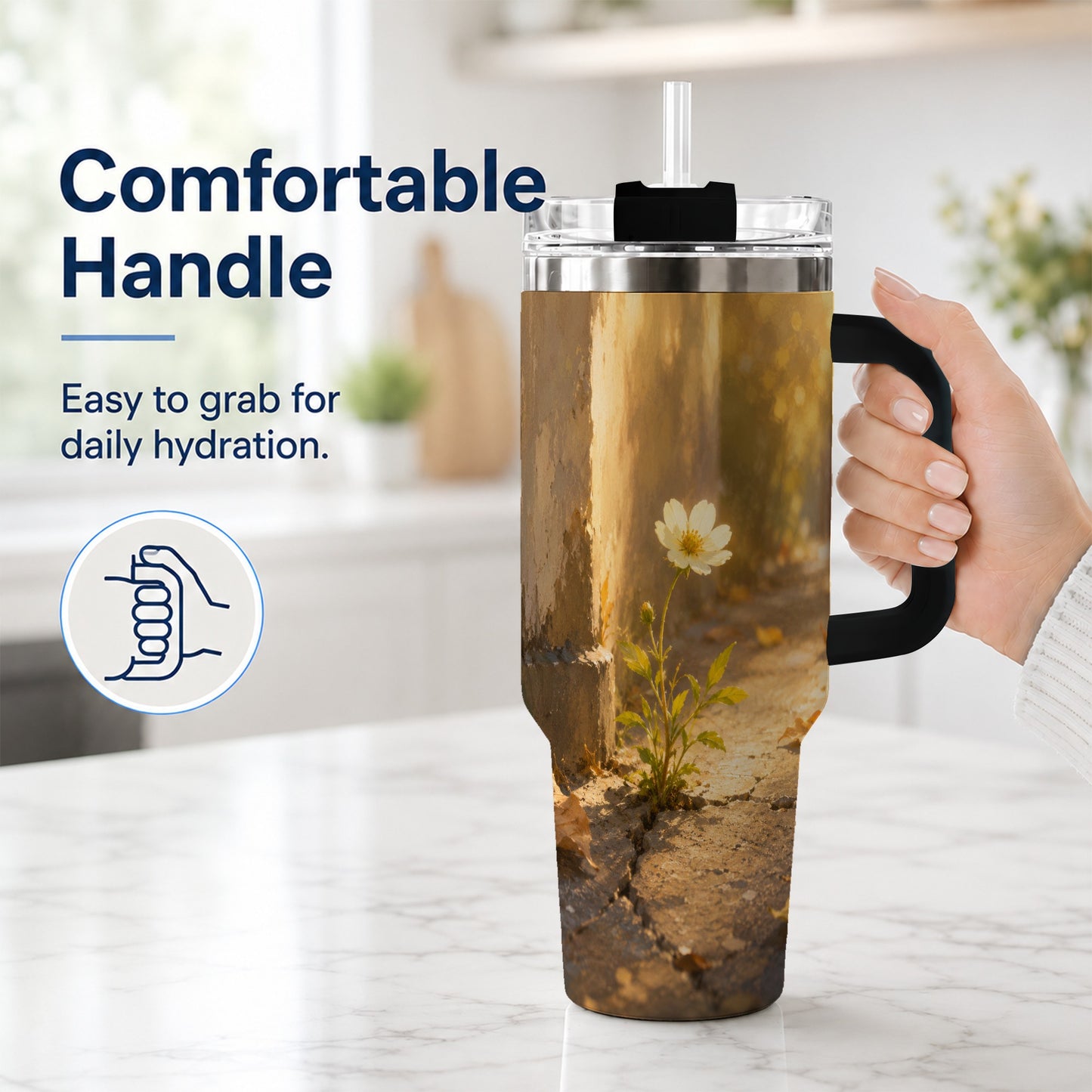 #pl[40oz|Black] Resilient White Flower 40oz Tumbler with Handle, Hopeful Nature Art