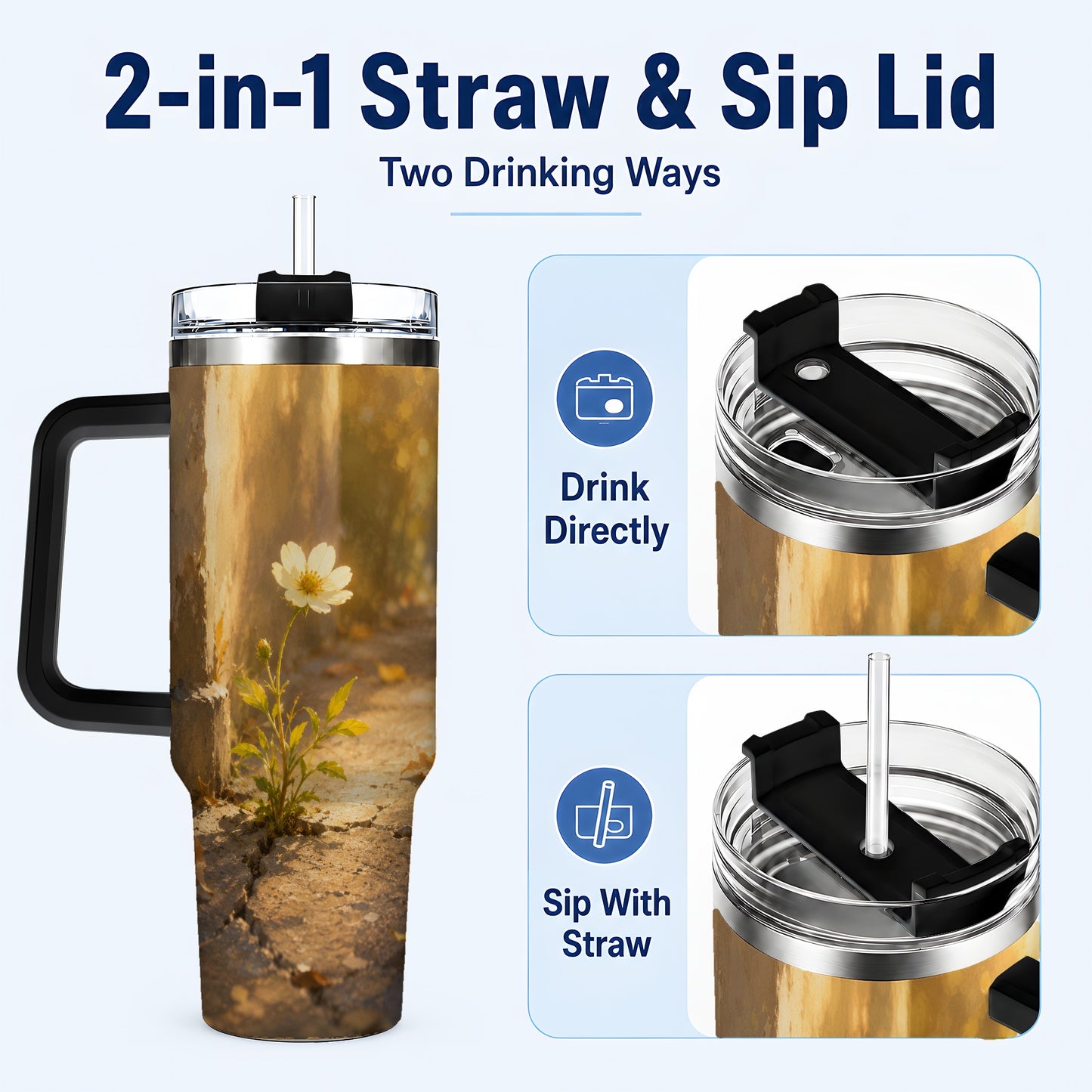 #pl[40oz|Black] Resilient White Flower 40oz Tumbler with Handle, Hopeful Nature Art