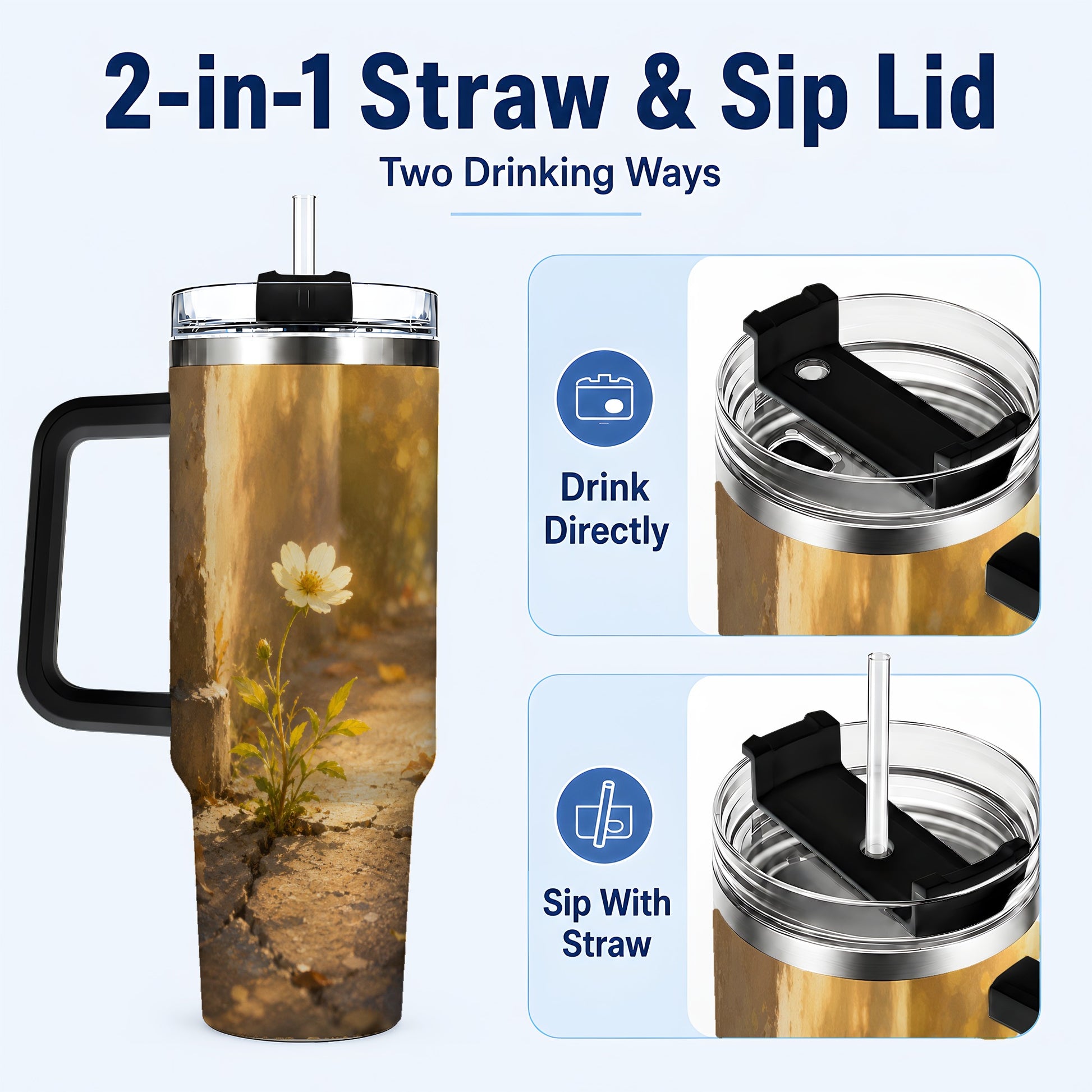 #pl[40oz|Black] Resilient White Flower 40oz Tumbler with Handle, Hopeful Nature Art