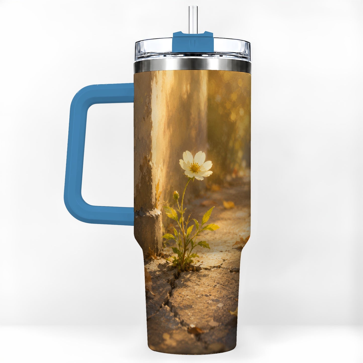 #pl[40oz|Blue] Resilient White Flower 40oz Tumbler with Handle, Hopeful Nature Art