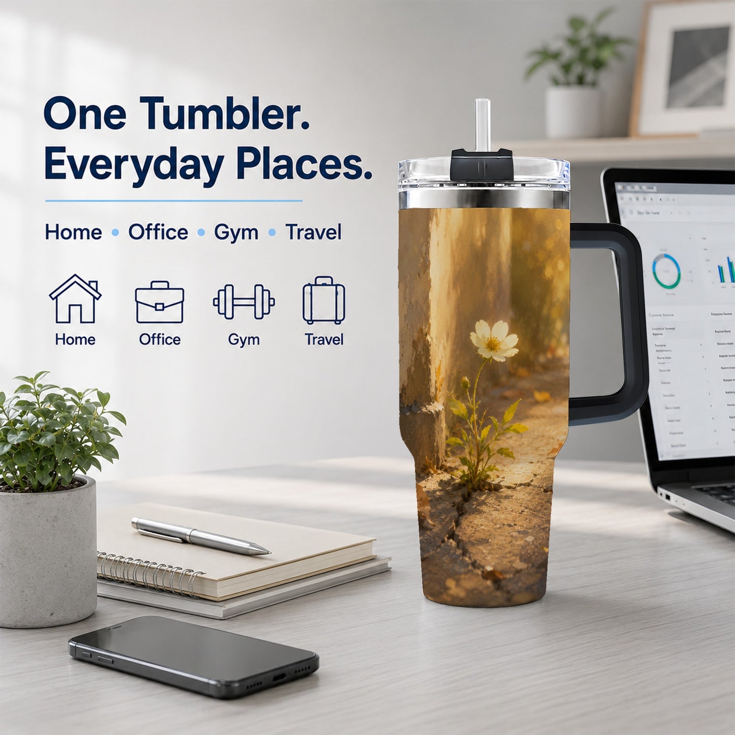 #pl[40oz|Black] Resilient White Flower 40oz Tumbler with Handle, Hopeful Nature Art