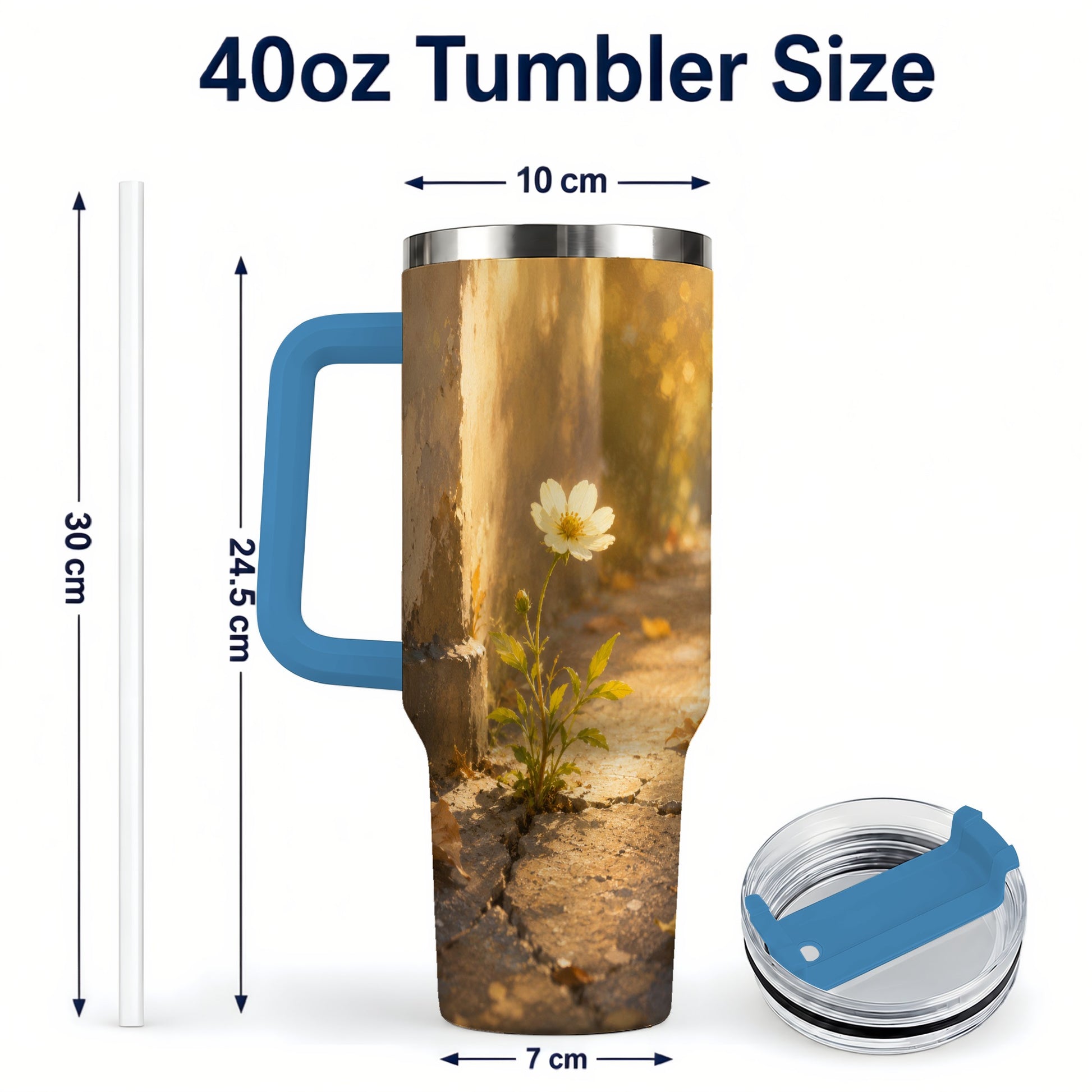#pl[40oz|Blue] Resilient White Flower 40oz Tumbler with Handle, Hopeful Nature Art