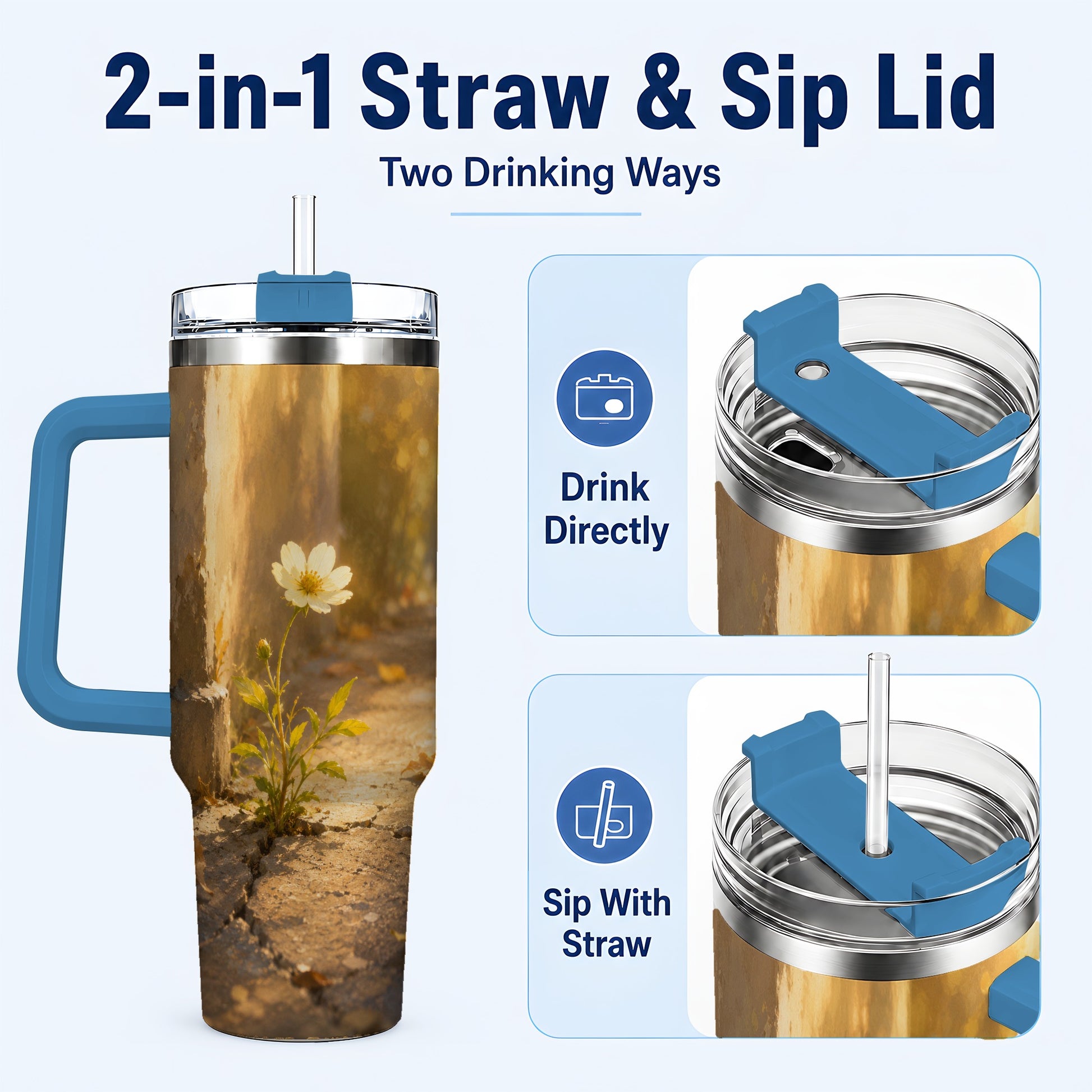 #pl[40oz|Blue] Resilient White Flower 40oz Tumbler with Handle, Hopeful Nature Art