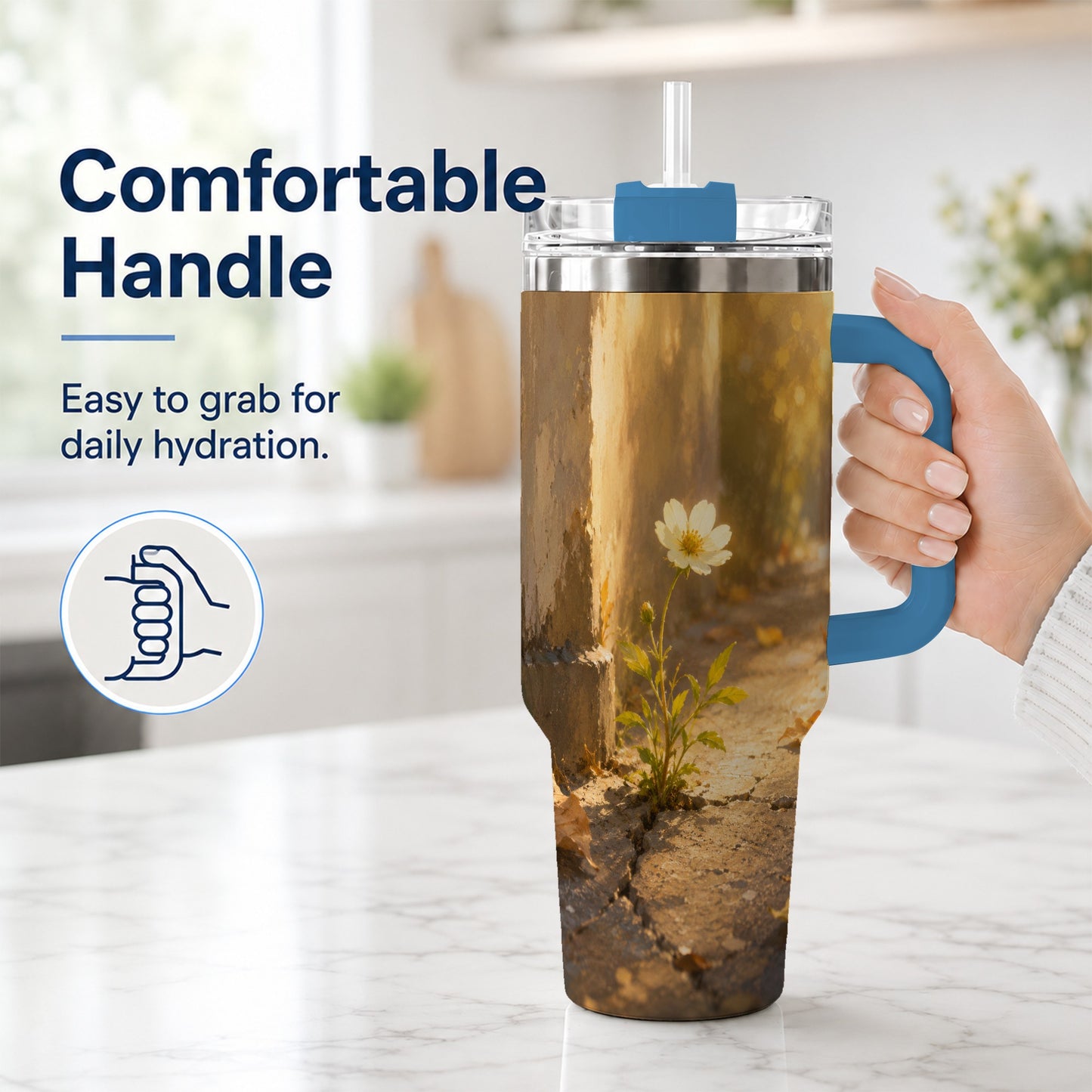 #pl[40oz|Blue] Resilient White Flower 40oz Tumbler with Handle, Hopeful Nature Art