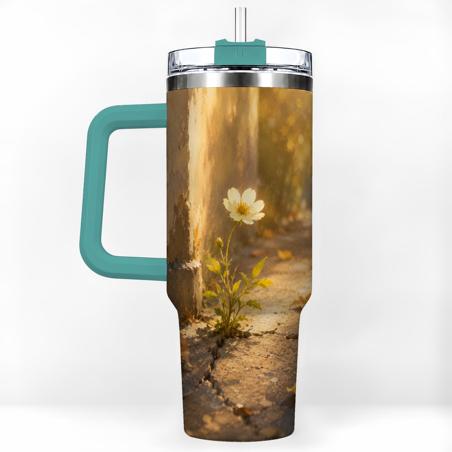 #pl[40oz|Green] Resilient White Flower 40oz Tumbler with Handle, Hopeful Nature Art