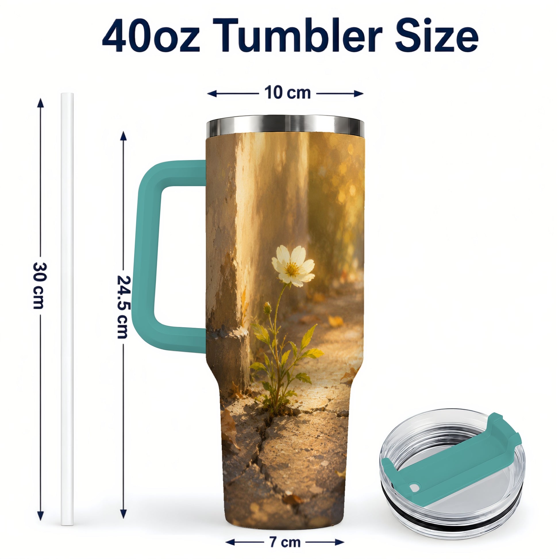 #pl[40oz|Green] Resilient White Flower 40oz Tumbler with Handle, Hopeful Nature Art