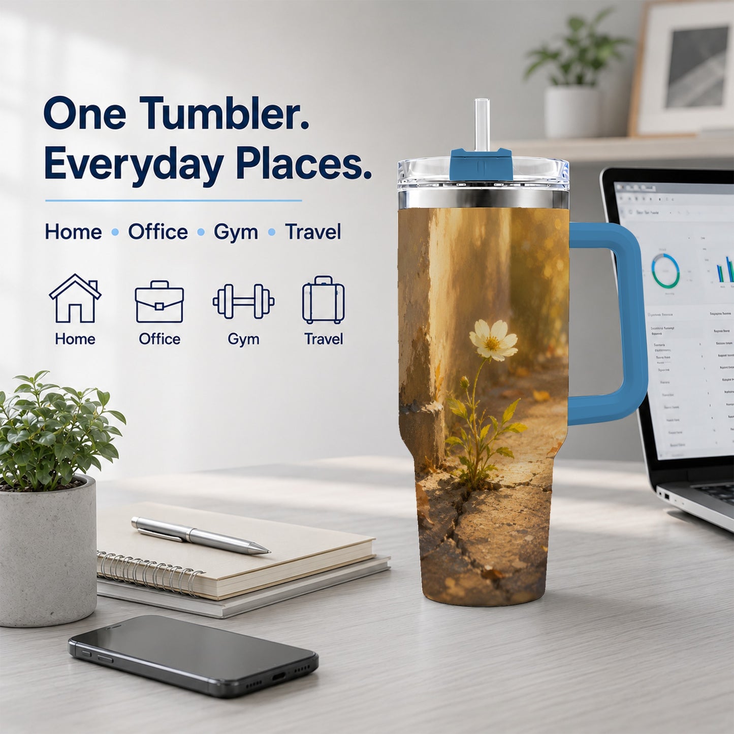 #pl[40oz|Blue] Resilient White Flower 40oz Tumbler with Handle, Hopeful Nature Art
