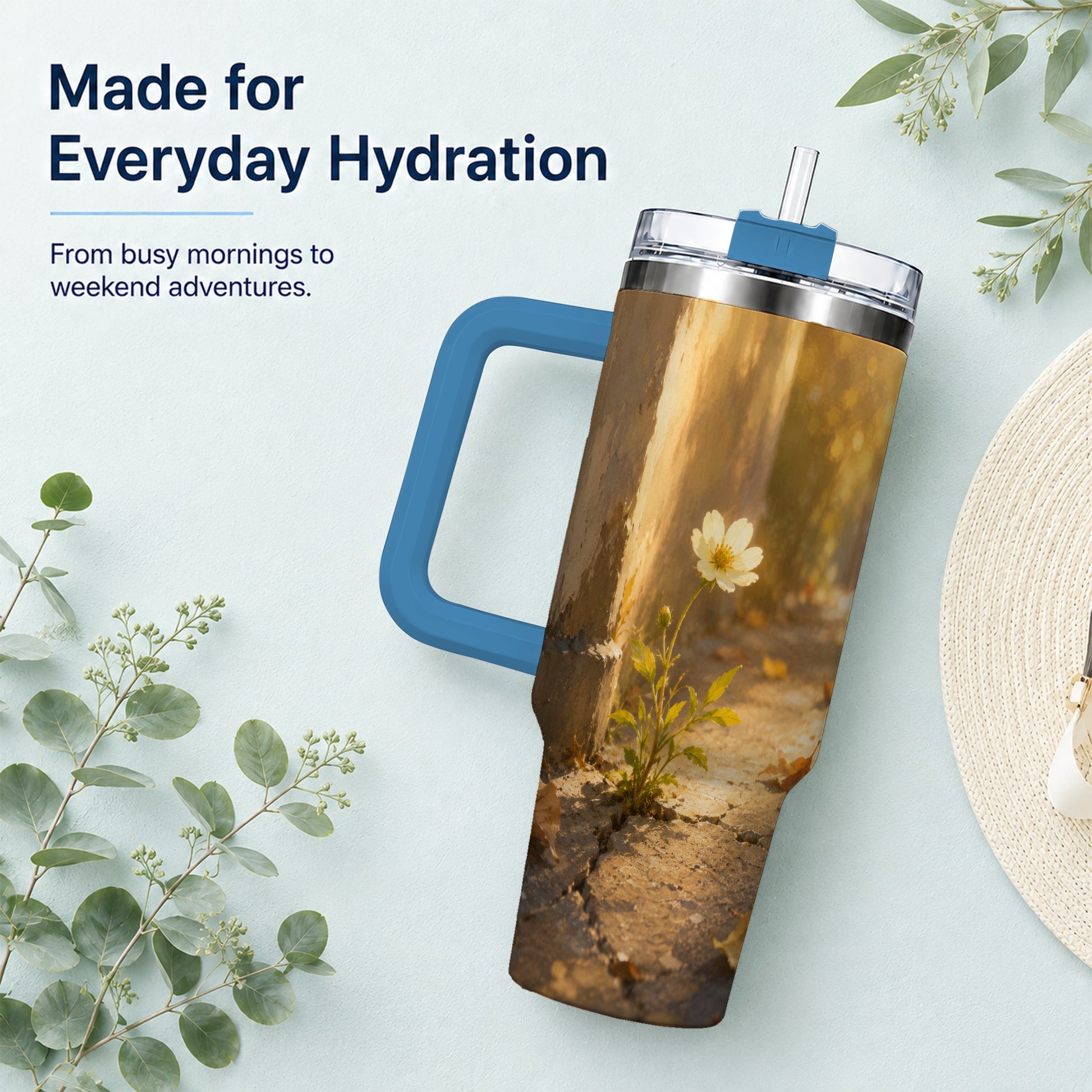 #pl[40oz|Blue] Resilient White Flower 40oz Tumbler with Handle, Hopeful Nature Art
