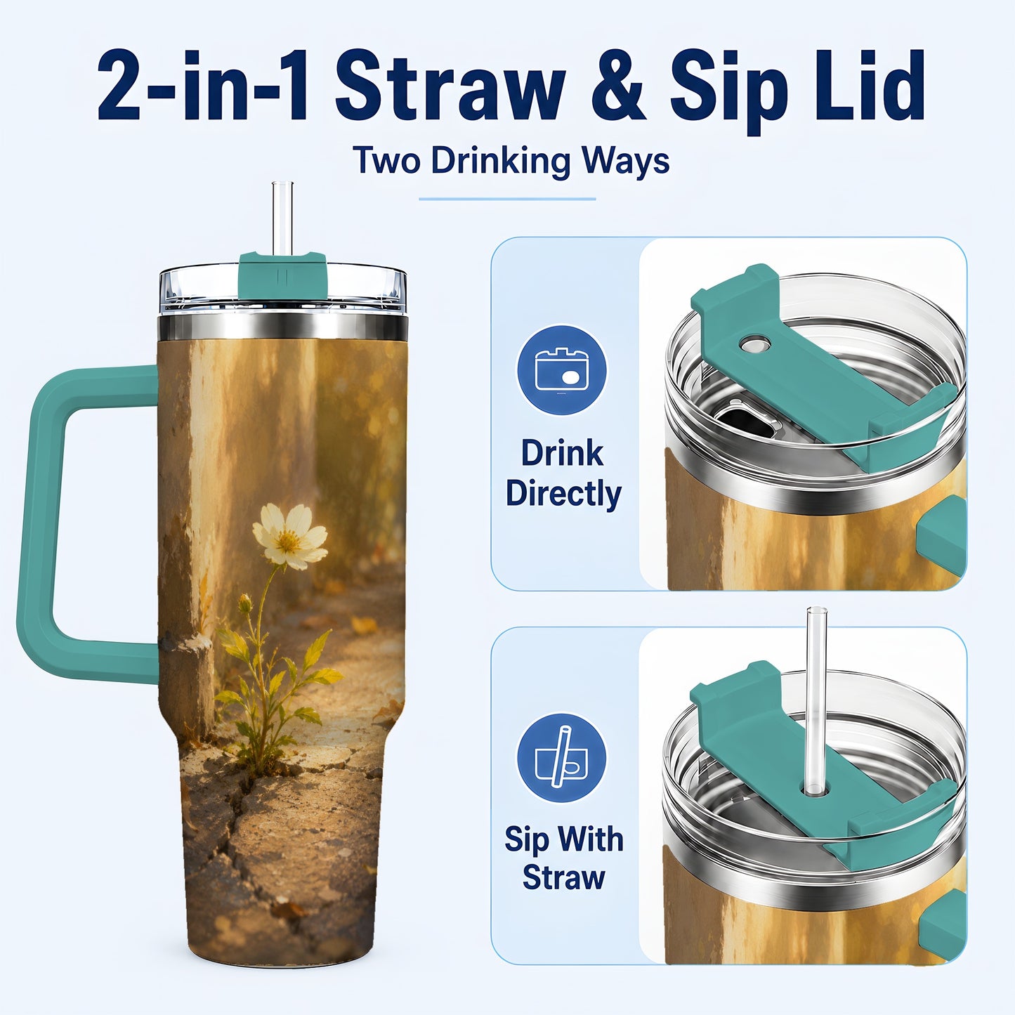 #pl[40oz|Green] Resilient White Flower 40oz Tumbler with Handle, Hopeful Nature Art