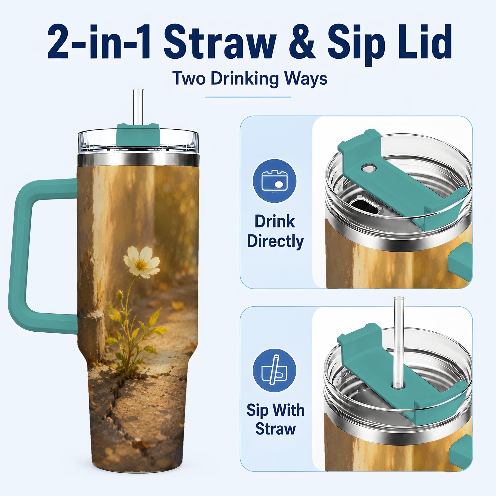 #pl[40oz|Green] Resilient White Flower 40oz Tumbler with Handle, Hopeful Nature Art